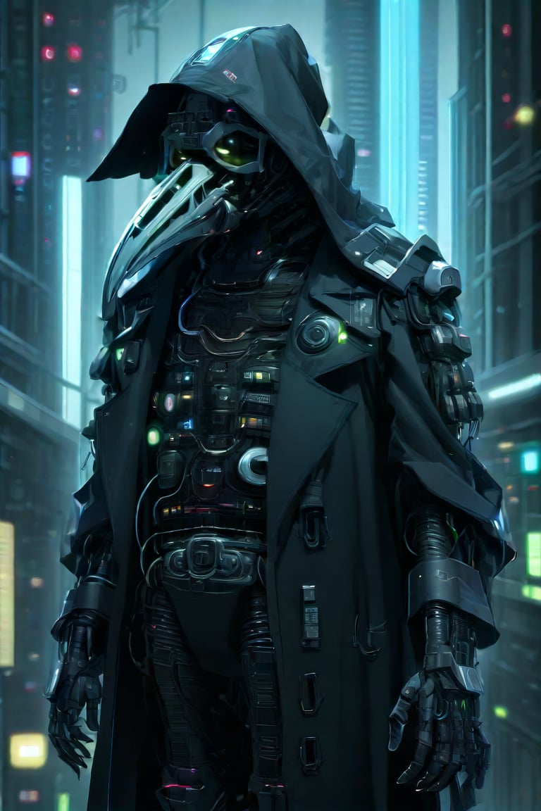 Cyberpunk plague doctor cyborg,  futuristic reinterpretation,  long beaked mask with glowing LED eyes by maehara on Tensor...