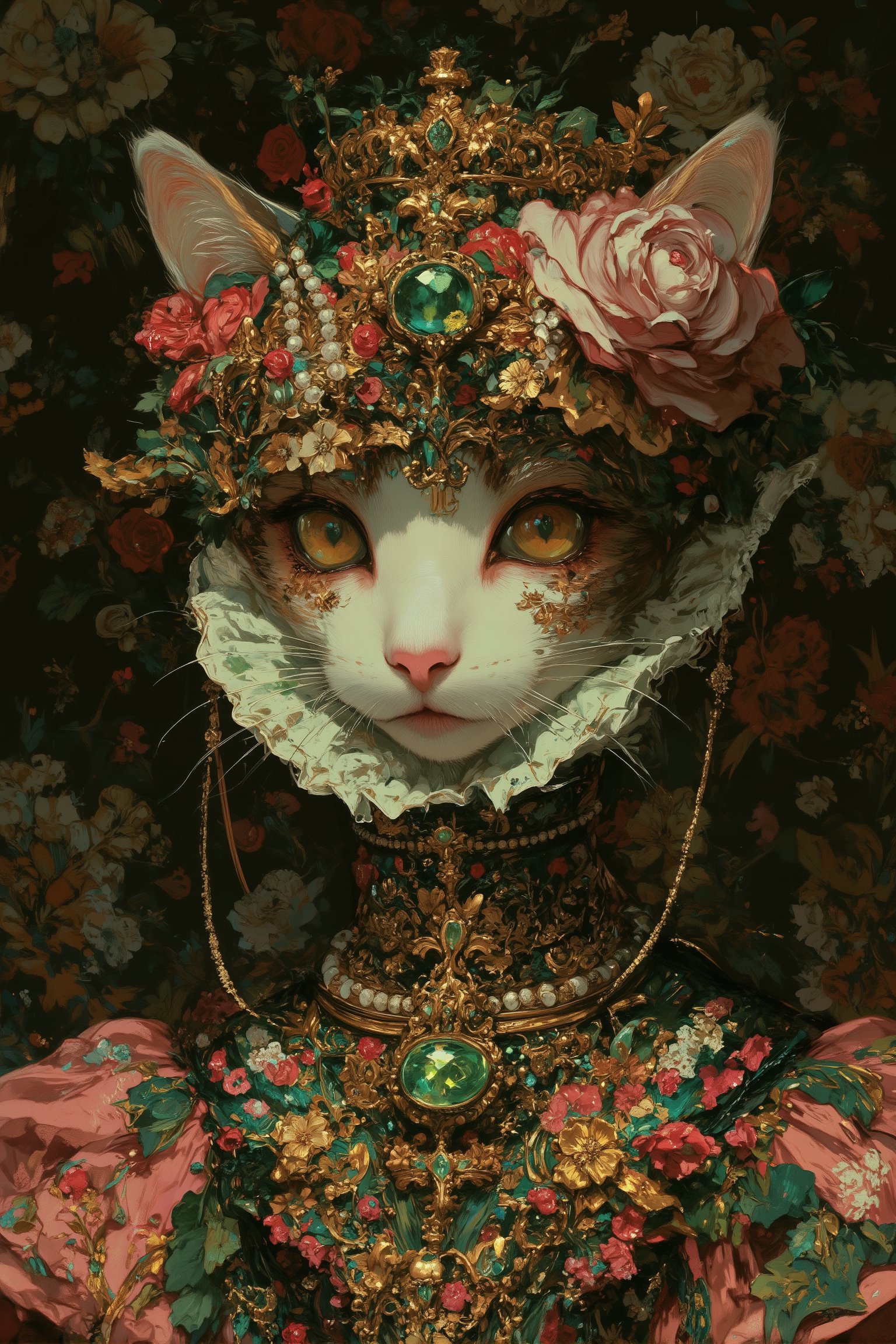 Hyper-realistic portrait of a regal cat in elaborate Gothic-Renaissance style attire, set against an ornate floral background,

Cat features:
- White fur with subtle tan markings on ears,
- Piercing green eyes, one partially covered by a mask,
- Pink nose and whiskers,

Headpiece:
- Intricate golden mask covering right eye, adorned with emerald and ruby gems,
- Ornate crown with pearls, golden leaves, and jewels,
- Large pink rose centerpiece,

Neck attire:
- Oversized white ruffled collar (Elizabethan style),
- Multiple strands of pearl necklaces,
- Golden pendant with floral design,

Clothing:
- Rich pink and green Renaissance-style gown,
- Lace and golden embroidery details,

Background:
- Lush, dark floral pattern with swirling designs,
- Predominantly green and pink hues, matching the cat's attire,
- Intricate, painterly style reminiscent of baroque textiles,

Overall mood: Opulent, whimsical, and slightly surreal, blending feline grace with historical fashion in a richly detailed composition.,lyh_niji,Surreal art