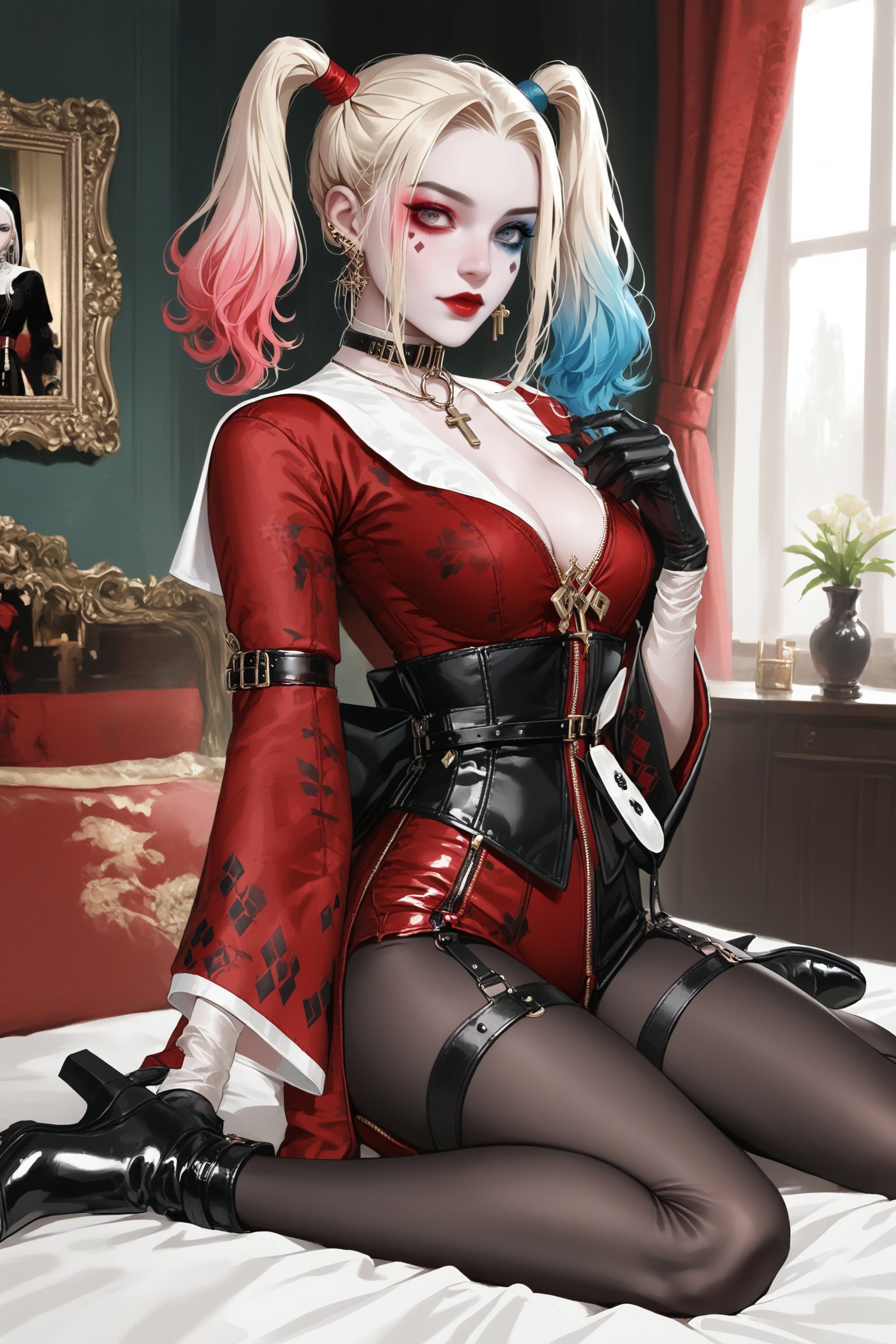 1milf,Harley Quinn,Nordic girl,Gothic make-up, high ponytail, septum earrings,
 wearing a tight-fitting scarabrio reimagined as a kimono-style garment,The outfit features elaborate baroque patterns in gold and red on a black base,Ornate swirls, cherubs, and acanthus leaves adorn the fabric,The skirt is short and form-fitting. blonde pigtails,makeup is dramatic,pale skin, red lips, in a luxurious baroque-style room with gilded mirrors and velvet, curtains,score_9,score_8_up,score_7_up,lace,hair ornament,see-through,cleavage,ruanyi0623,choker,nun,dress,nunl0l,black gloves,jewelry,corset,LAassunity,pantyhose,garter strap,black footwear,zipper,ruanyi0575,bdsm,inverted cross,kimono