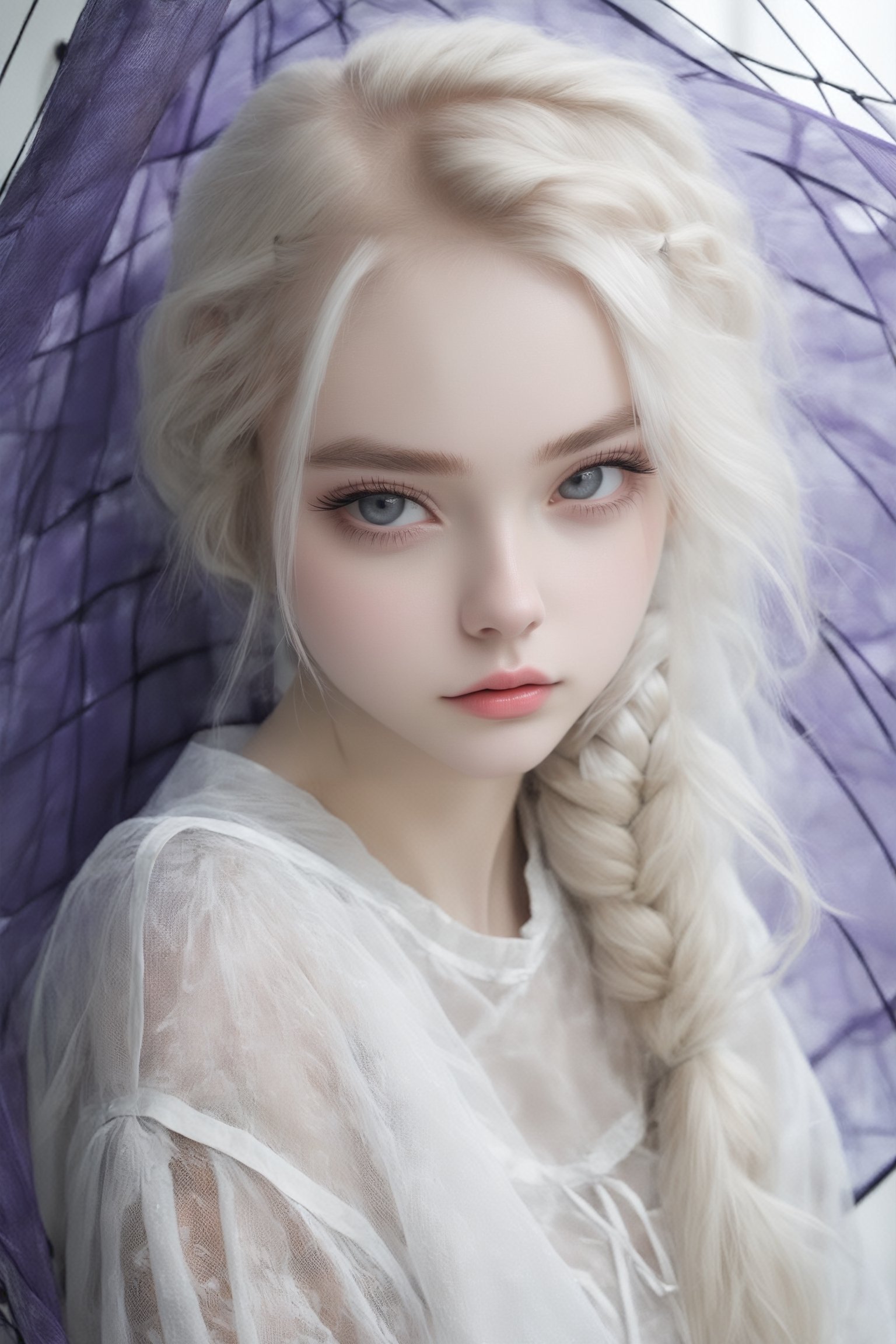 1 girl, albino girl,16 years old,(Pure white long braided pigtails),braided hair, Beautiful iris with high precision,,sexy mesh fishnet blouse,Girl in transparent raincoat,Luxury Room Backdrops ,dal,loukong1,gigantic_breasts