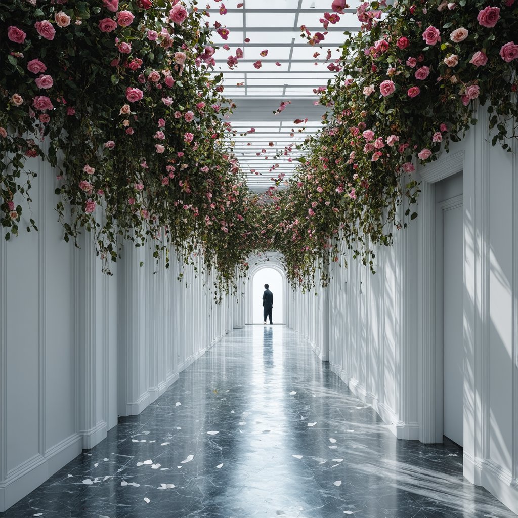 "Ethereal liminal space adorned with abundant flowers. Endless white corridor with soft,  diffused lighting. Walls and cei...