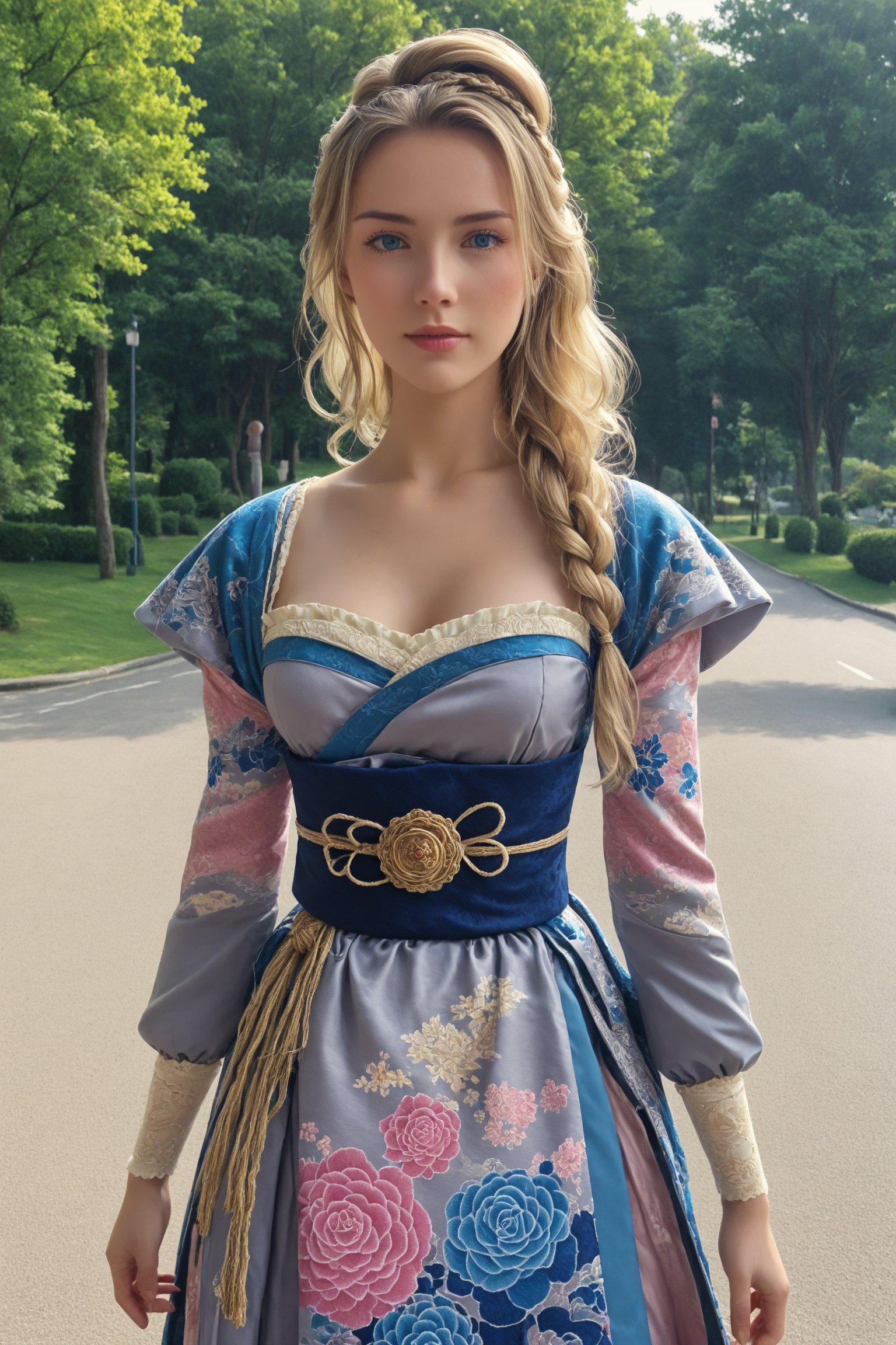 (Beautiful German girl),beautiful blonde hair,beautiful blue iris, wearing a Baroque-style dirndl with vibrant colors, infused with Japanese elements. The dress combines intricate lace and embroidery with colorful kimono-inspired patterns. A wide obi belt cinches her waist, while puffed sleeves and delicate accessories complete the look, showcasing a striking fusion of cultures.,ct-drago