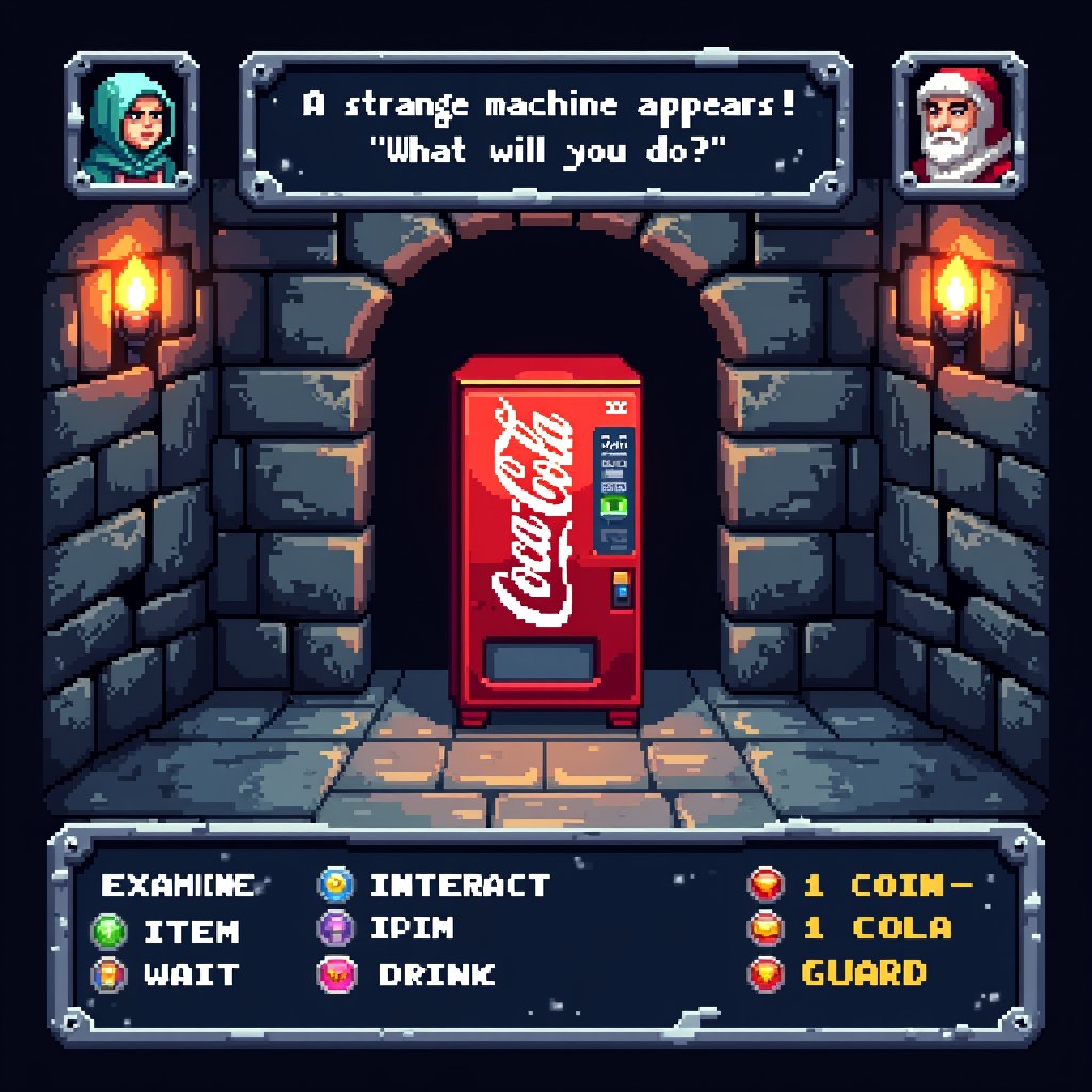 A classic 16-bit style RPG battle screen showing a mysterious Coca-Cola vending machine encounter in a pixel art dungeon,...