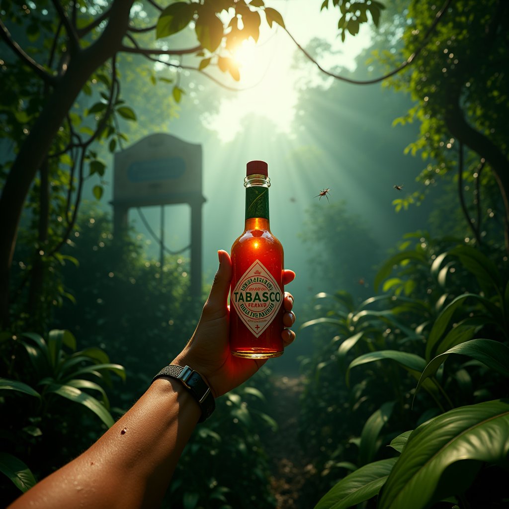 POV first-person survival game screenshot. Dense, lush jungle environment.

Central focus: Player's hand holding a pristine Tabasco sauce bottle, glinting in dappled sunlight.

Environment: Thick vegetation, large leaves, vines hanging. Rays of sunlight penetrating canopy. Misty atmosphere.

UI elements:
- Bottom left: Health bar, stamina meter, hydration gauge
- Bottom right: Mini-map showing dense forest
- Top right: Inventory slots with survival items (machete, canteen, compass)
- Top left: Mission objectives, temperature/humidity indicator

Visible arms wearing torn, muddy sleeves.

Lighting: Green-tinted, filtered sunlight creating a dappled effect.

Style: Hyper-realistic 3D game graphics with high detail on foliage and Tabasco bottle.

Additional details:
- Sweat droplets on screen edges
- Mosquitos or small insects visible in air
- Partial view of a rusted, overgrown structure in background, hinting at lost civilization
- Subtle lens flare from sunlight hitting Tabasco bottle