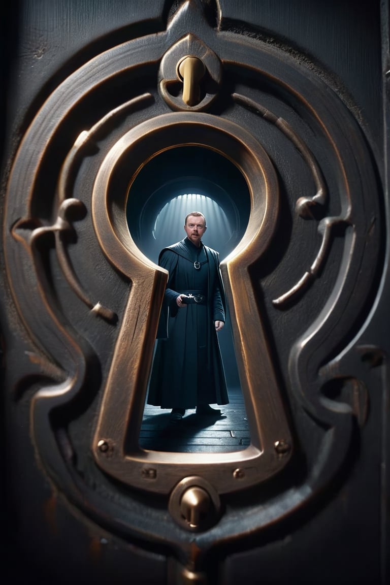 ((Screen through the keyhole)),solo,Simon Pegg, raised blade, black robe, ((depth of field)),backDonMK3yH0l3XL,Hollow