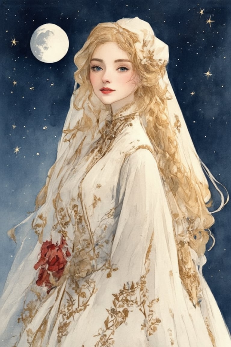 fairy tale illustrations,Simple minimum art, 
myths of another world,Perfect sky, moon and shooting stars,moon on face,
pagan style graffiti art, aesthetic, sepia, A woman of Scandinavian descent, long beautiful blonde hair, blue eyes, perfect beauty, wearing a beautiful traditional Tajik bridal costume.The luxurious dress is intricately embroidered in gold and red and is very colorful.
watercolor \(medium\),