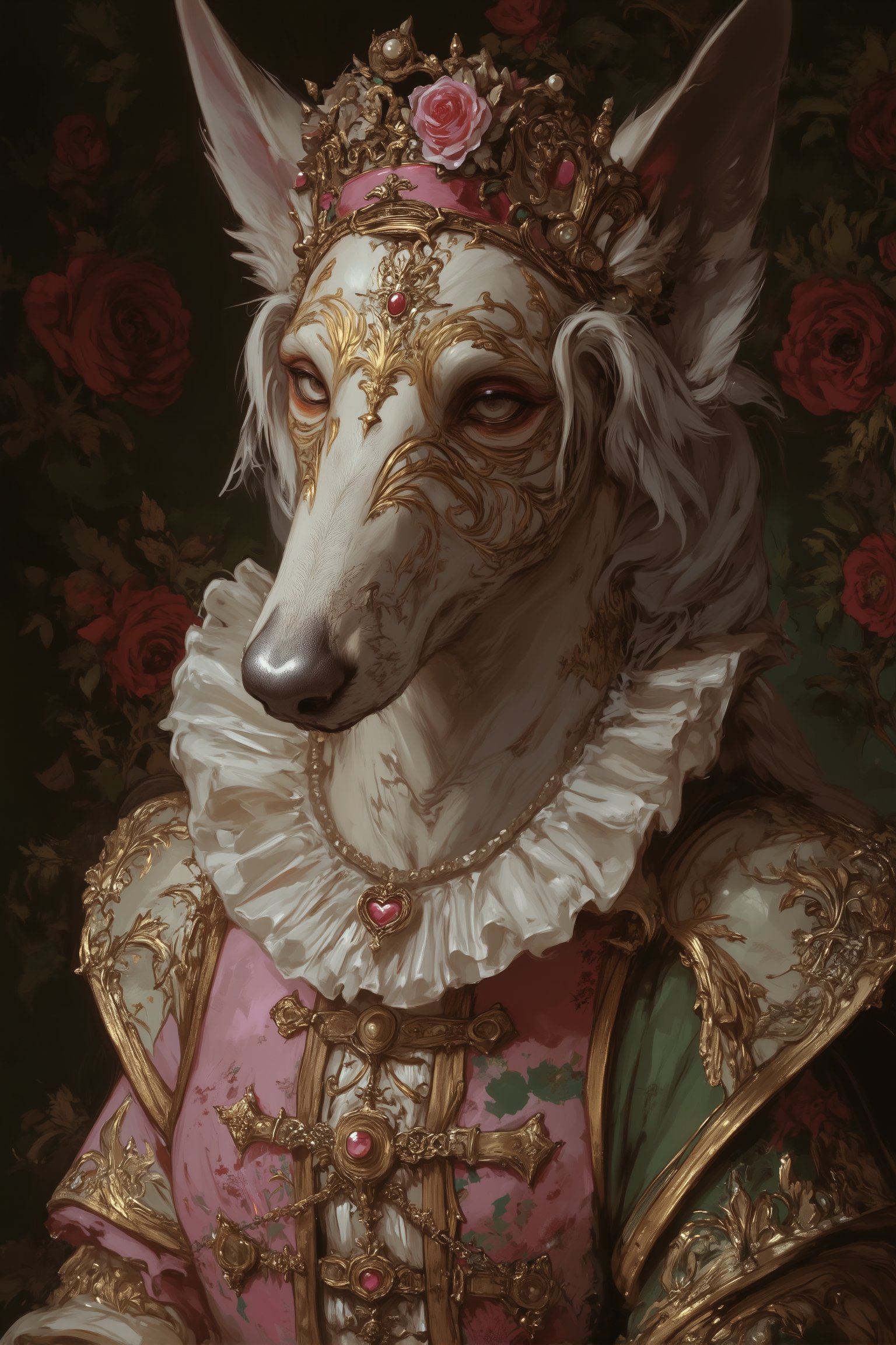 (stately Borzoi dog), Gothic Renaissance-style outfit, against an ornate floral background, cream-colored fur with golden highlights. Almond-shaped eyes, gentle expression. A golden mask covers the right eye and fits over the long snout. An ornate crown adorned with pearls and jewels. A pink rose centerpiece on top of the head. A white ruffled Elizabethan collar accentuates the long neck, a pearl necklace and a golden pendant. A pink and green Renaissance-style gown with lace and gold embroidery, against a dark floral background in green and pink hues. Soft lighting highlights the dog's features and jewelry, creating a luxurious and whimsical mood that blends Borzoi elegance with historical fashion. The dog's unique head shape and long snout are highlighted as the focal point, covered in fur.,furry