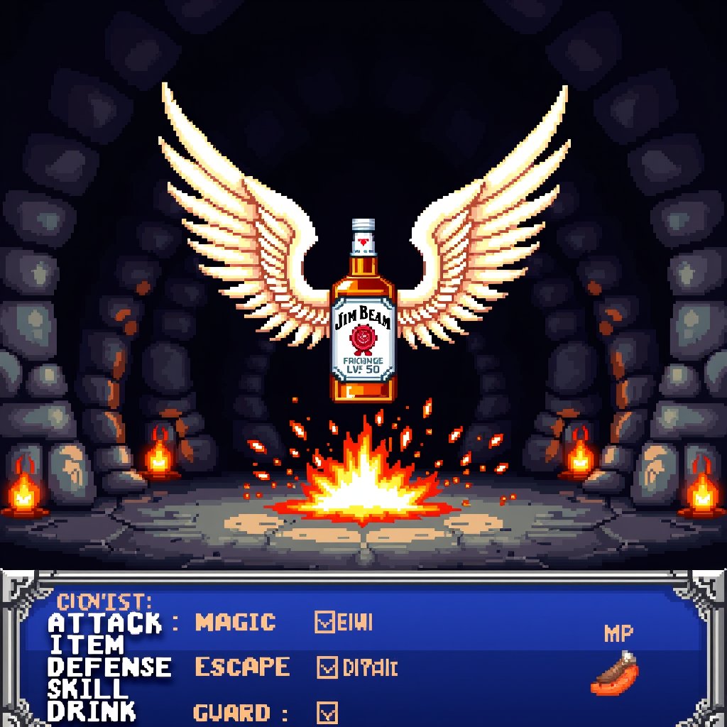A retro-style RPG battle screen with pixelated 16-bit graphics,  featuring a floating Jim Beam bottle boss enemy with maje...