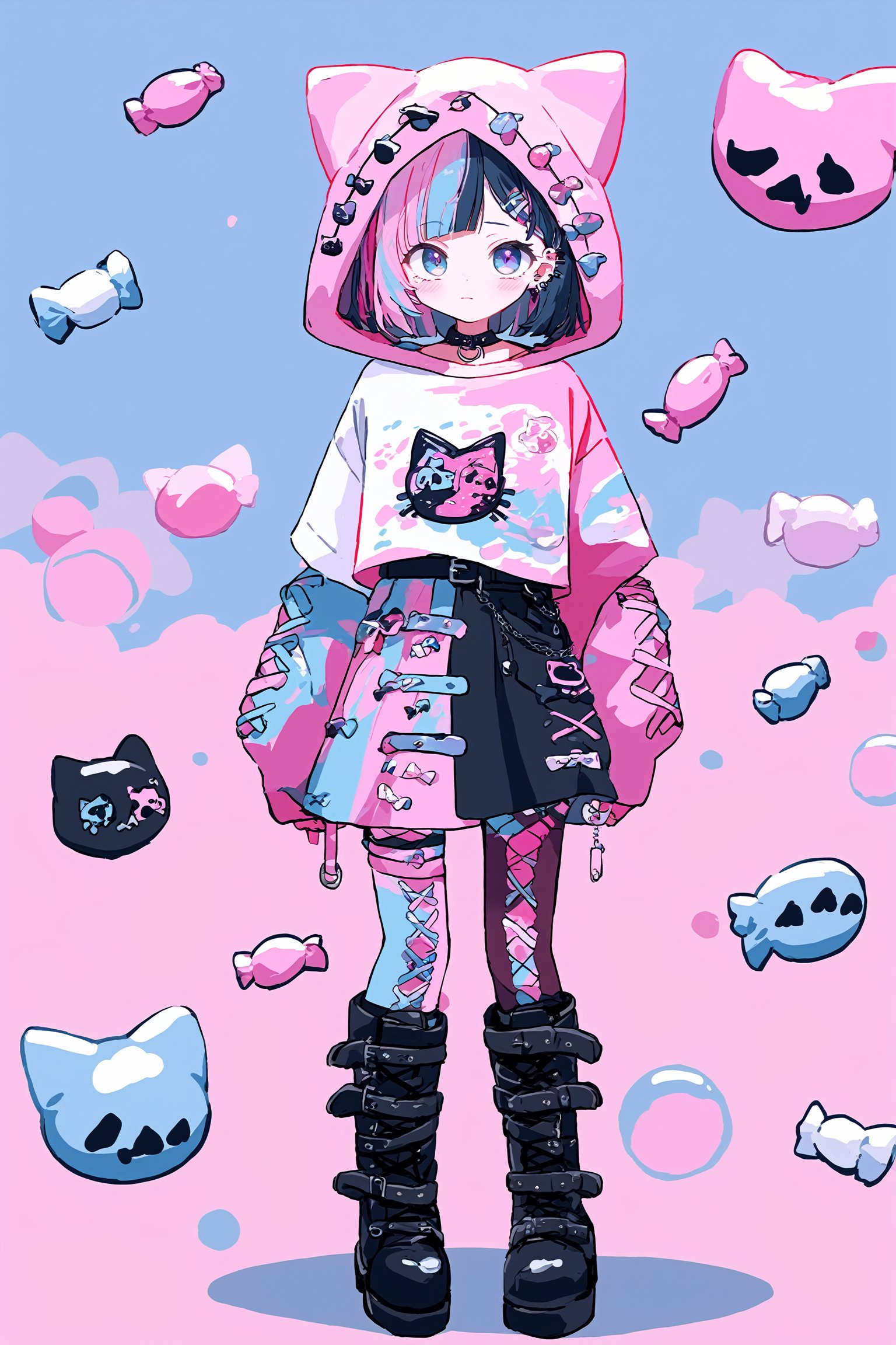 dal-3,vtuber girl,Solo,
cute anime characters,Beautiful blue eyes,asymmetric bangs,candy punk Fashion,cat ear hood,Pastel colored clothes based on blue and pink,Pastel Emo Fashion, Anime Print Shirt,Gothic Style tights, long military boots,,dal-6 style,pink-emo,emo,Visual_Illustration,c0l0urc0r3