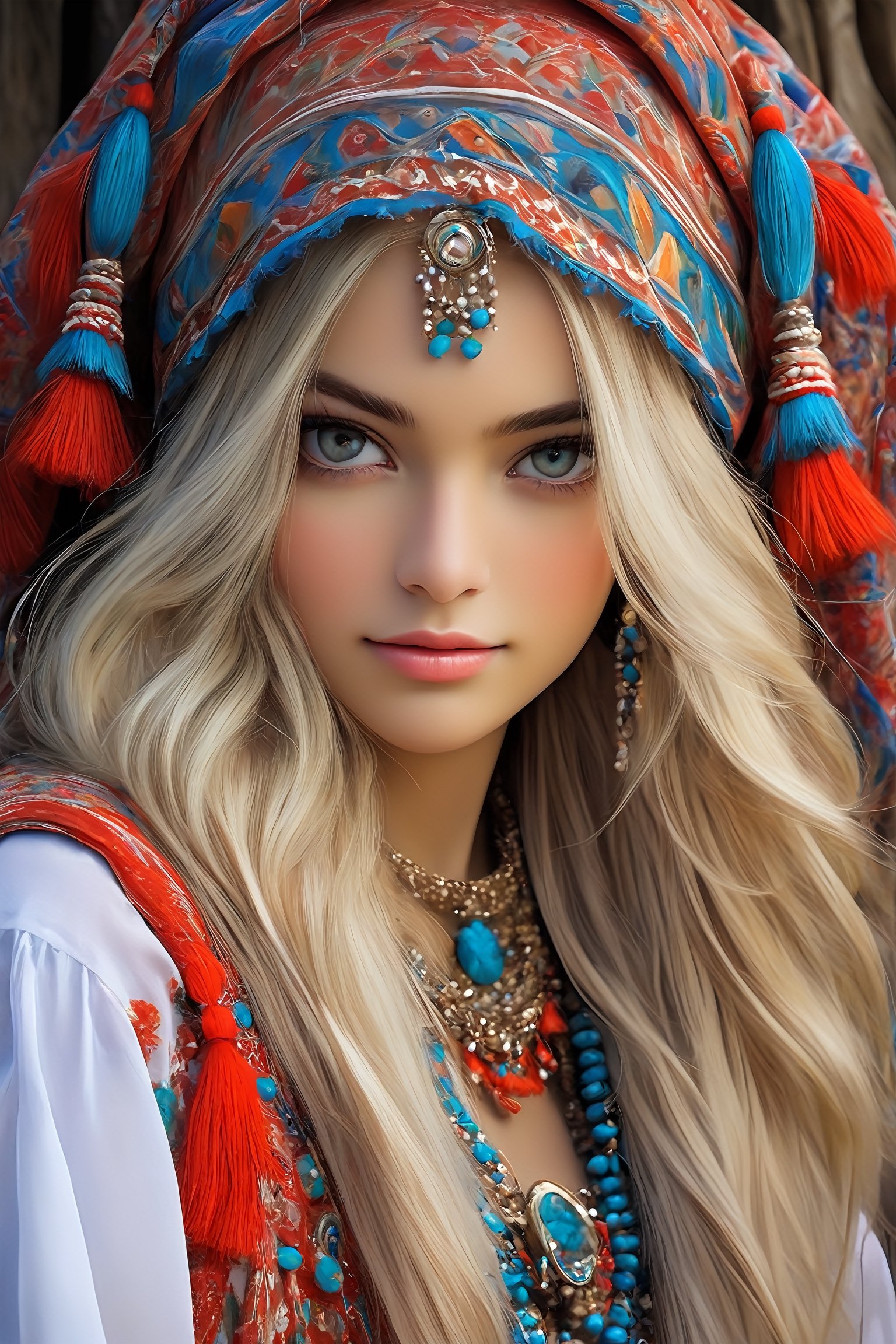 Beautiful Ukrainian girl,16 years old,A happy expression,Beautiful iris with high precision,blue eyes,Turkmenistan Chirpy,(Big breasts),(Deep cleavage),(long pure white hair),smooth hair,
Wearing traditional Turkmen wedding costumes intricately embroidered with delicate and beautiful patterns, characterized by bright colors and fine needlework, women wear headscarves and headdresses decorated with jewels and beads, adding elegance to their ensembles, earrings, necklaces, bracelets, and other accessories. accessories, red bottoms, and fur boots,Extremely Realistic,dal