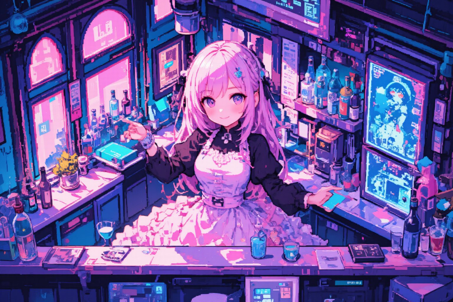 pixel art diorama,1girl,solo,chibi girl,pastel frilly apron, glamorous dress with frills and bows, girl is smiling and welcoming,
cyberpunk bar setting, isometric view, limited color palette, 16-bit era aesthetic, futuristic bar interior, bar table, glasses and alcohol, holographic monitor, neon lighting, old vs new elements, retro-futuristic atmosphere, detailed pixel shading, miniature scene atmosphere, soft vignette edges, cyberpunk color scheme with pastel accents, intricate pixel pattern on dress, glowing technology effect, pixelated lens flare, low-res charm, nostalgic game style, small animation details,lyh,anime,Pixel Art,ZanyEyesStyle