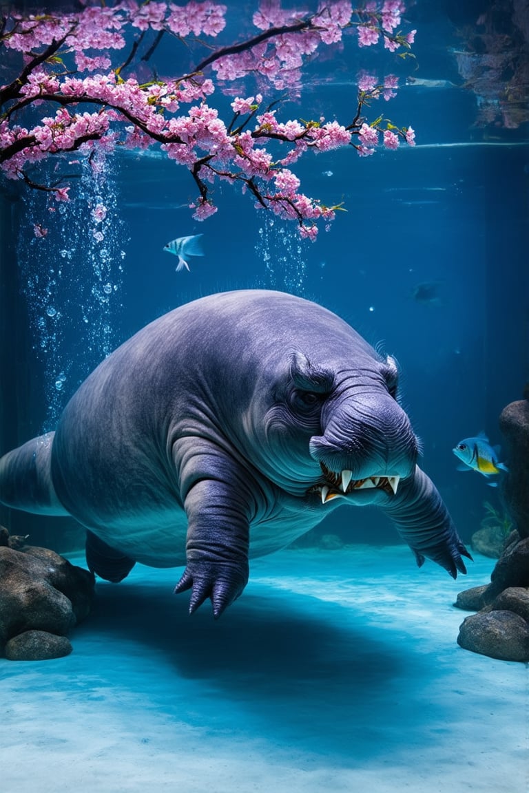 A large manatee floats gracefully in a spacious aquarium tank. Its grey skin is adorned with intricate Japanese-style tattoos. On its back, a fierce oni (Japanese demon) mask is inked in bold red and black, with golden accents highlighting its horns and teeth. Delicate pink cherry blosssom branches with drooping flowers stretch across the manatee's sides, creating a beautiful contrast to the oni. The tattoos appear to shimmer and move with the manatee's skin as it swims. Crystal-clear water surrounds the creature, with small bubbles rising. Soft blue lighting illuminates the tank, enhancing the tattoos' colors. Other fish dart around the manatee, some pausing to investigate the unusual sight. Aquarium 