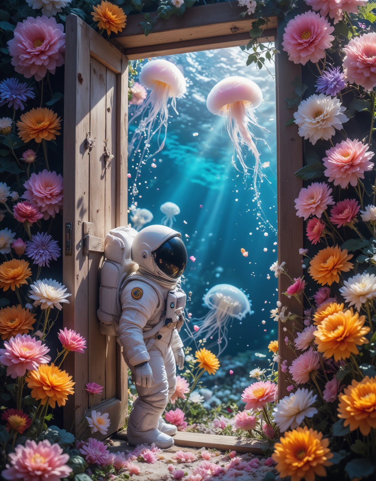 A surreal doorway scene framed by vibrant multicolored flowers, showing an astronaut standing in a wooden doorframe that creates a portal between two worlds, the door side surrounded by densely packed colorful flowers - marigolds, daisies, and wildflowers in bright oranges, pinks, purples, and yellows, while through the doorway reveals a deep underwater scene with rich azure blues, floating jellyfish with bioluminescent glow, schools of silvery fish catching light, gentle streams of bubbles rising upward, rays of sunlight penetrating the water's surface creating light shafts, astronaut in detailed white spacesuit with reflective visor positioned in the threshold, wooden door frame appearing to impossibly stand in both realms, marine plants gently swaying in the current beyond the door, flower petals occasionally floating past the astronaut, dramatic lighting contrast between the warm flower colors and cool ocean blues, professional photography style with sharp focus on astronaut and door frame, ultra high-resolution showing detailed textures of flowers, spacesuit, and underwater effects,pink_flower_meadow