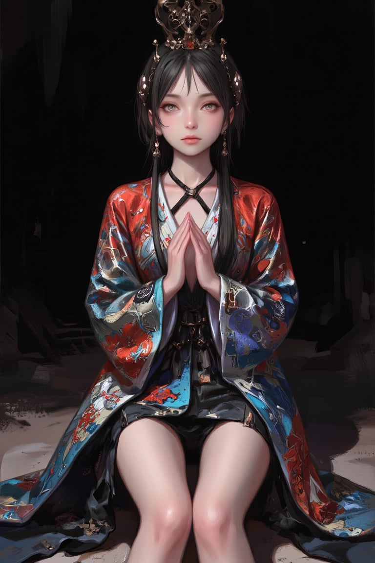 
 anime-style illustration,(Little girl), dressed as a Central Asian priestess,colorful Clothes, combining elements of an oracle and a Taoist sorceress. She wears a traditional Central Asian priestly robe adorned with intricate symbols and embroidery, while a Taoist-style hat rests on her head. Her expression is serene yet mystical, as she appears deep in thought or perhaps casting a fortune. The scene is set within a dimly lit cave, where the shadows dance across the walls, hinting at a deeper, ancient magic hidden within the cavern,Sitting on the ground, praying scene,dal style,Made in abyss manga,Adrr-tsfft,Midjourney_Whisper