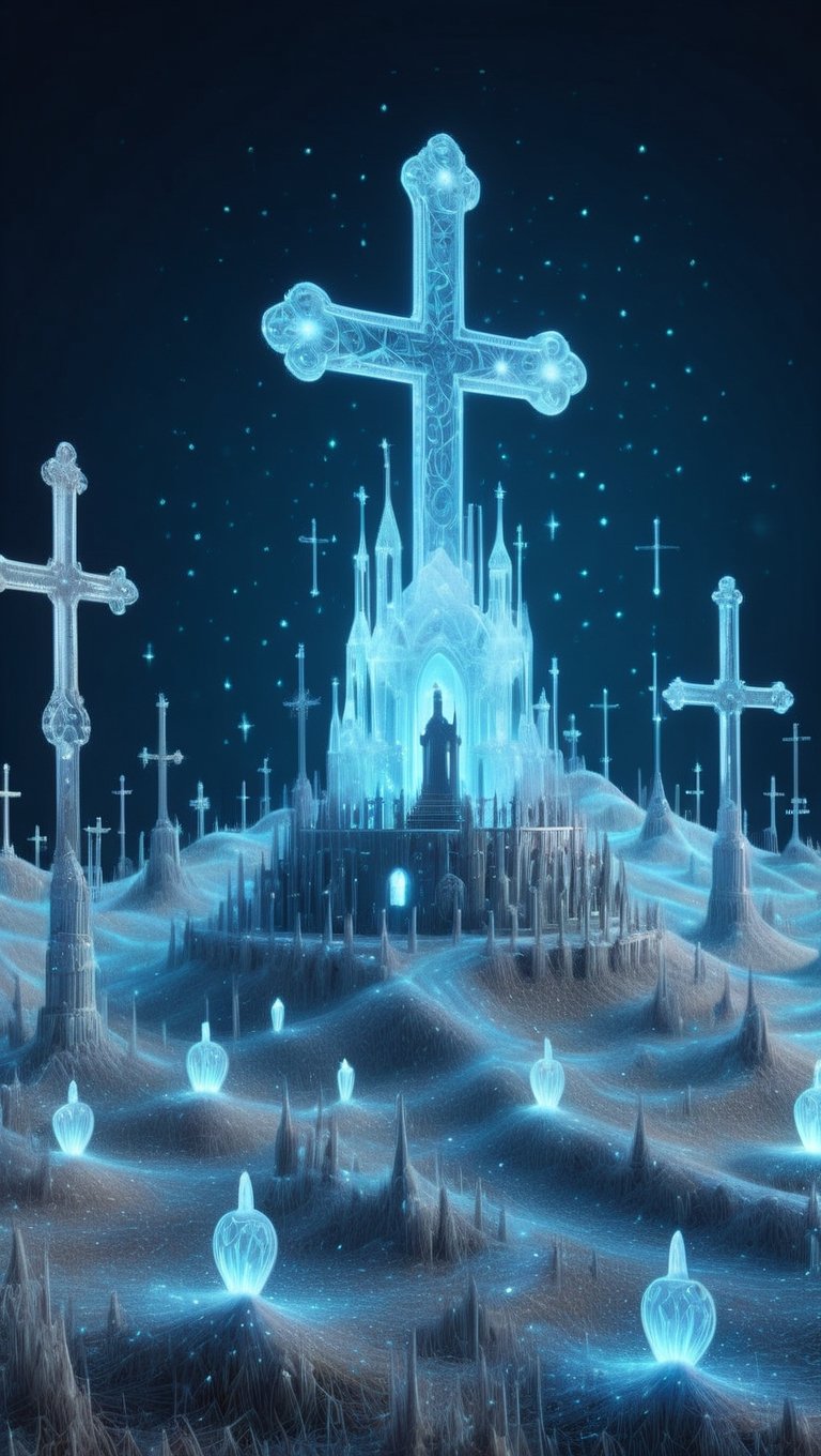 ultra Realistic fantasy art,  Logic hologram GLAVE yard,  Hill of Crosses in Lithuania by maehara on Tensor.Art