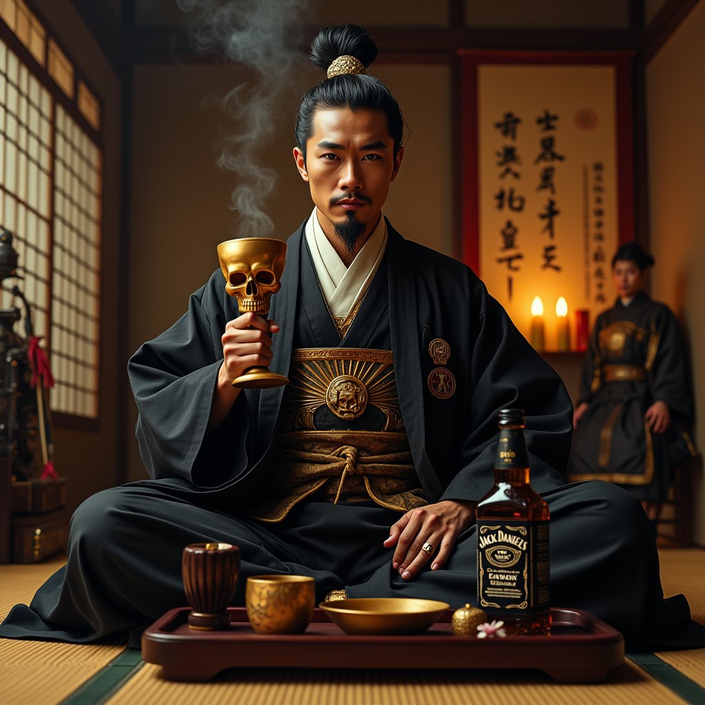 A powerful scene of Oda Nobunaga,Japanese man, seated in formal tatami room, confidently holding a golden skull sake cup while a Jack Daniel's bottle rests beside him. Nobunaga wears elaborate black and gold kimono with family crest, seated in relaxed cross-legged pose showing authority. The golden skull cup gleams ominously in candlelight, contrasting with traditional Japanese aesthetics. Jack Daniel's bottle placed on lacquered sake tray alongside traditional serving vessels. Room features classic elements: shoji screens with war camp scenes, hanging scroll with calligraphy, ceremonial armor display, katana rack. Flickering candle shadows play across Nobunaga's stern features and famous goatee. Tatami mats arranged in formal pattern, incense smoke curls through air. Retainers visible in background maintaining respectful distance. Period-accurate interior details include iron lanterns, weapon racks, and battle banners. The bottle's black label creates striking contrast against room's traditional elements while golden skull cup ties together foreign and Japanese elements. Low evening light streams through rice paper screens, creating dramatic shadows across Nobunaga's imposing figure,SAMURAI