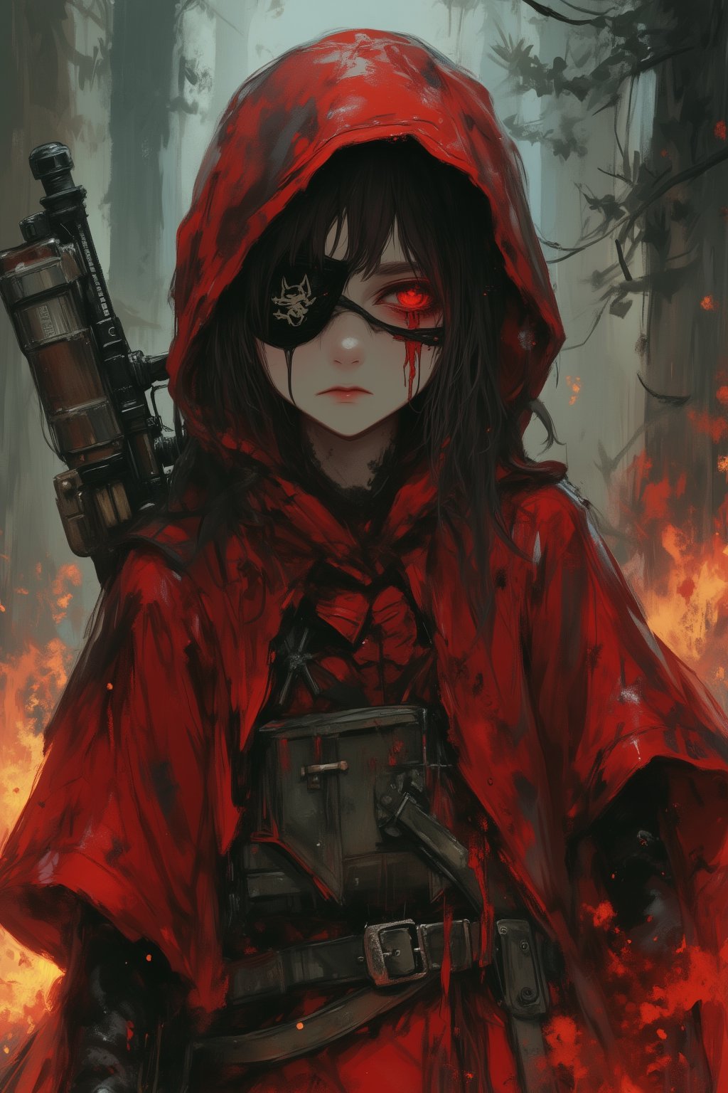 A battle-hardened Little Red Riding Hood, walks through a burning forest ,She wears a tattered red cloak and a black eyepatch over one eye, a stern expression on her face, a wolf-like symbol on the patch, and her other eye is sharp and determined. An old, worn hunting rifle is strapped to her back, adding to her fierce appearance. Flames from the burning trees light up the sky in the background, and ash rains down all around.,dal