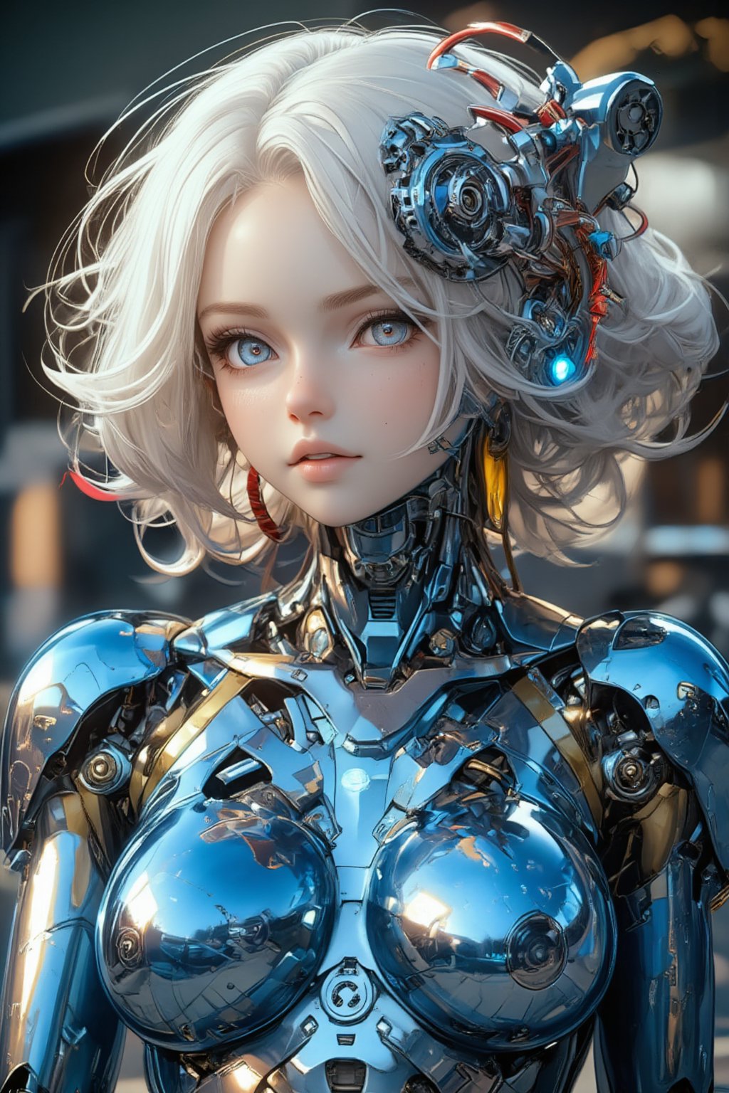 Female cyborg,full body figure,highly polished blue metallic body reflecting light like a mirror surface, Face crafted from pure white alabaster resembling a gothic porcelain doll with delicate features, Large luminous eyes with intricate mechanical iris patterns, Ornate gothic hair ornaments made of alabaster and silver filigree with small mechanical details, Long flowing synthetic hair styled in elegant victorian curls, Multiple vivid cables extending from neck area in bright red yellow and white creating a dramatic contrast against blue body, Cables have a glossy plastic finish and gentle curves like ribbon streamers,Body constructed of smooth curved panels with visible joint sections, Mirror-finish blue metal reflecting environment creating complex light patterns, Mechanical parts visible at joint areas with precise technical details, Graceful feminine proportions with elegant posture, Doll-like hands with visible mechanical articulation at fingers, Gothic-inspired design elements integrated into mechanical parts, Subtle LED lighting effects in eyes and joint areas, Expression serene and doll-like yet hints at artificial intelligence, Contrast between cold mechanical body and delicate porcelain features, Interior mechanical parts glimpsed through strategic transparent panels, Metallic surface transitions seamlessly to porcelain features at neck area,PorcelainDollPrincess,\mechako\