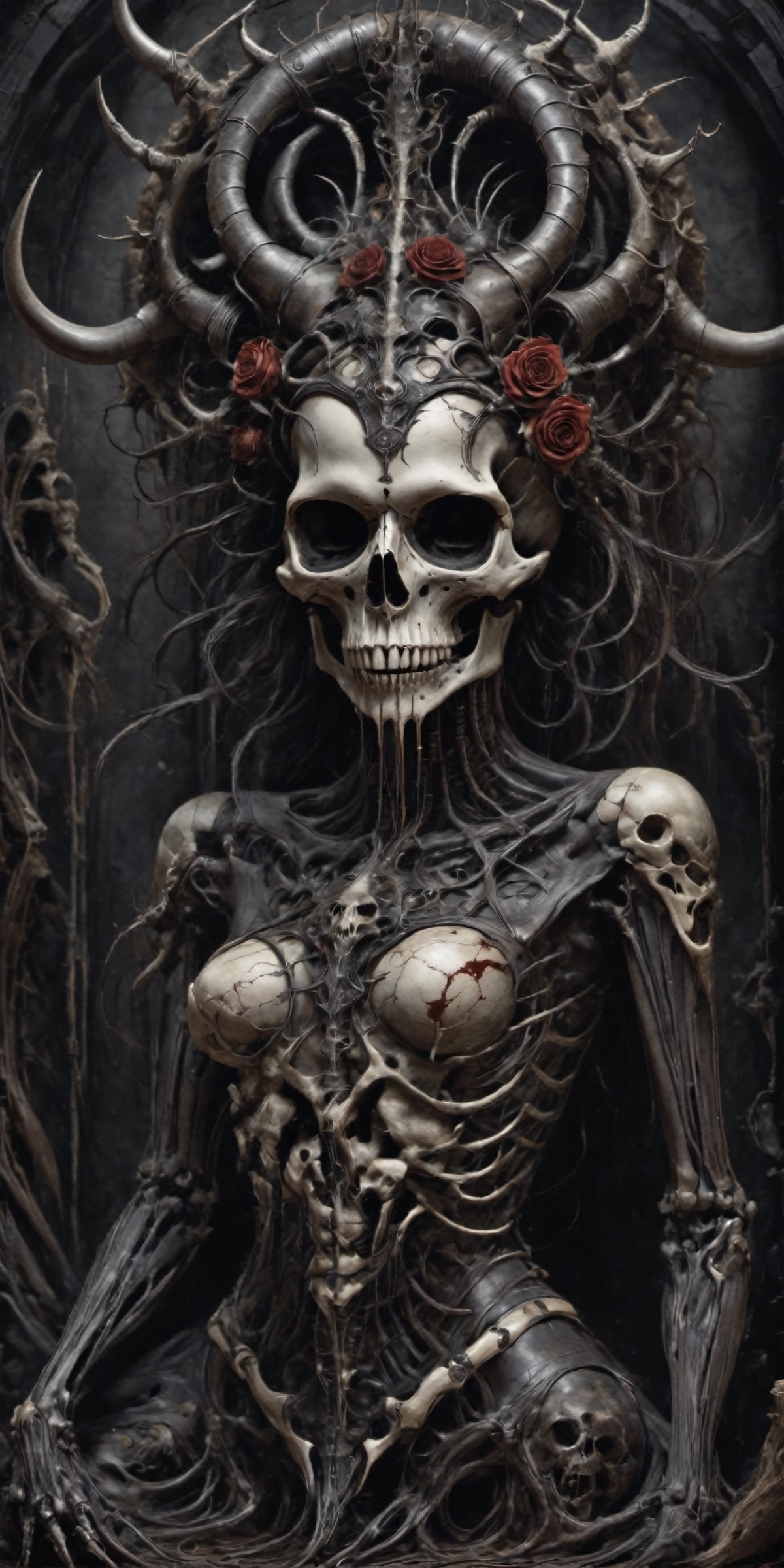 Necrotic art, blood goa skull, Cyborg girl made of bones and corpses,skull body beautiful Girl,
,cyborg style,biopunk style,Obsidian Enigma Art Style