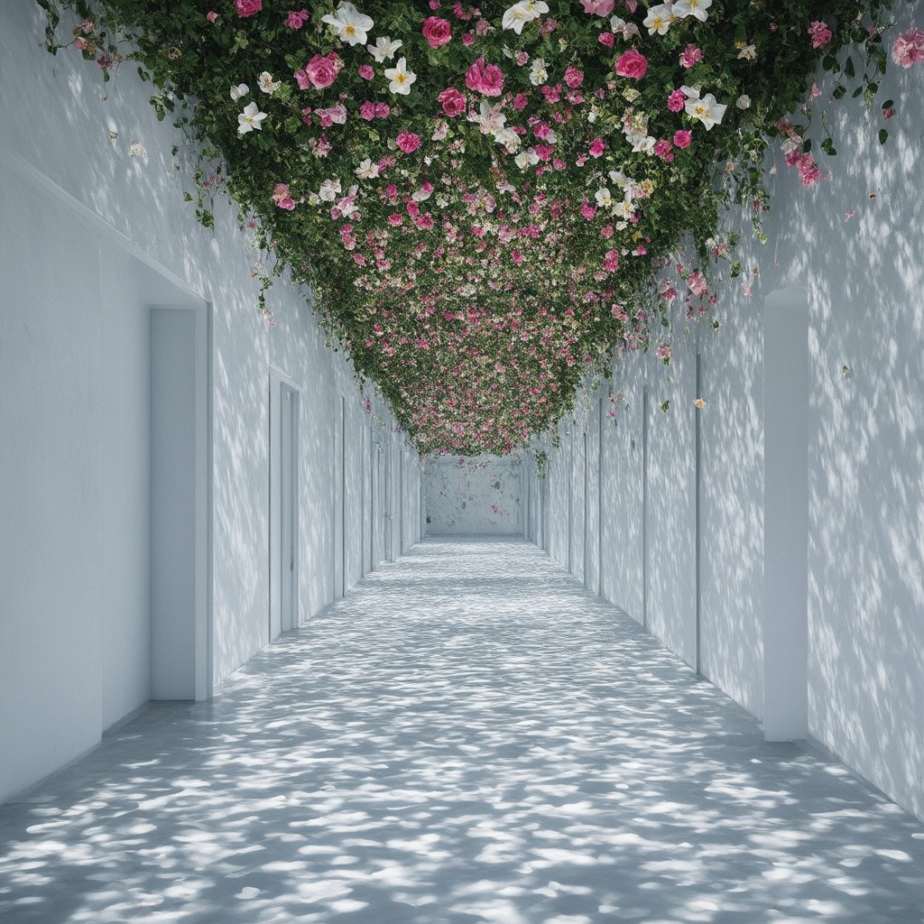 "Ethereal liminal space adorned with abundant flowers. Endless white corridor with soft,  diffused lighting. Walls and cei...