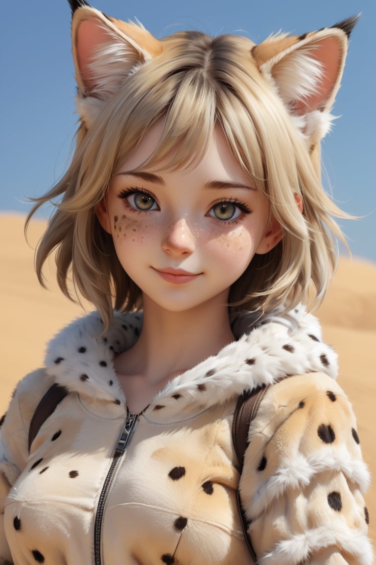 A cute girl,18yo, personifying a Sand cat,She has soft fluffy fur with brown and gray spots,freckles,
 resembling the cat coat, Her ears are pointed and adorned with matching fur tufts, giving her a playful and endearing appearance. With bright, curious eyes and a gentle demeanor,,catgirl