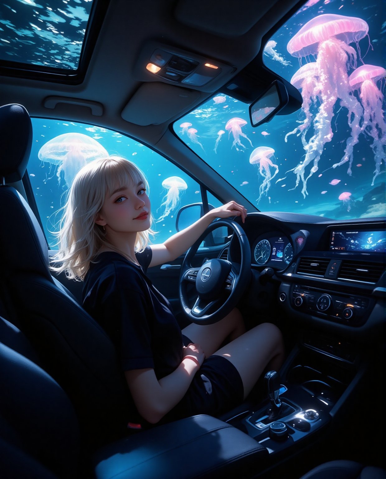 A stylish blonde woman,  in driver's seat turning backwards with one hand on steering wheel,  wearing dark casual top agai...