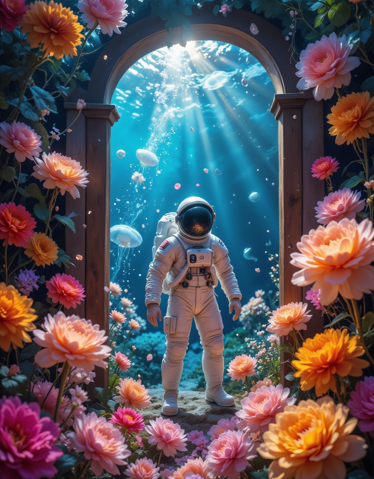 A surreal doorway scene framed by vibrant multicolored flowers, showing an astronaut standing in a wooden doorframe that creates a portal between two worlds, the door side surrounded by densely packed colorful flowers - marigolds, daisies, and wildflowers in bright oranges, pinks, purples, and yellows, while through the doorway reveals a deep underwater scene with rich azure blues, floating jellyfish with bioluminescent glow, schools of silvery fish catching light, gentle streams of bubbles rising upward, rays of sunlight penetrating the water's surface creating light shafts, astronaut in detailed white spacesuit with reflective visor positioned in the threshold, wooden door frame appearing to impossibly stand in both realms, marine plants gently swaying in the current beyond the door, flower petals occasionally floating past the astronaut, dramatic lighting contrast between the warm flower colors and cool ocean blues, professional photography style with sharp focus on astronaut and door frame, ultra high-resolution showing detailed textures of flowers, spacesuit, and underwater effects,pink_flower_meadow