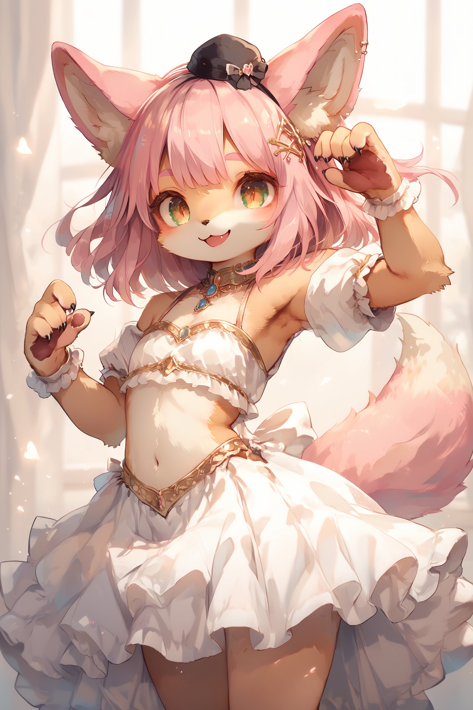 score_9, score_8_up, score_7_up, score_6_up,1boy,
cute pop kawaii art,
Pink hair, small gothic style hat, fox ears, fox muzzle, golden pupils with vertical slits, white tutu with luxurious golden embroidery, ballet dancer, cute gestures and smile,dal-6 style,furry