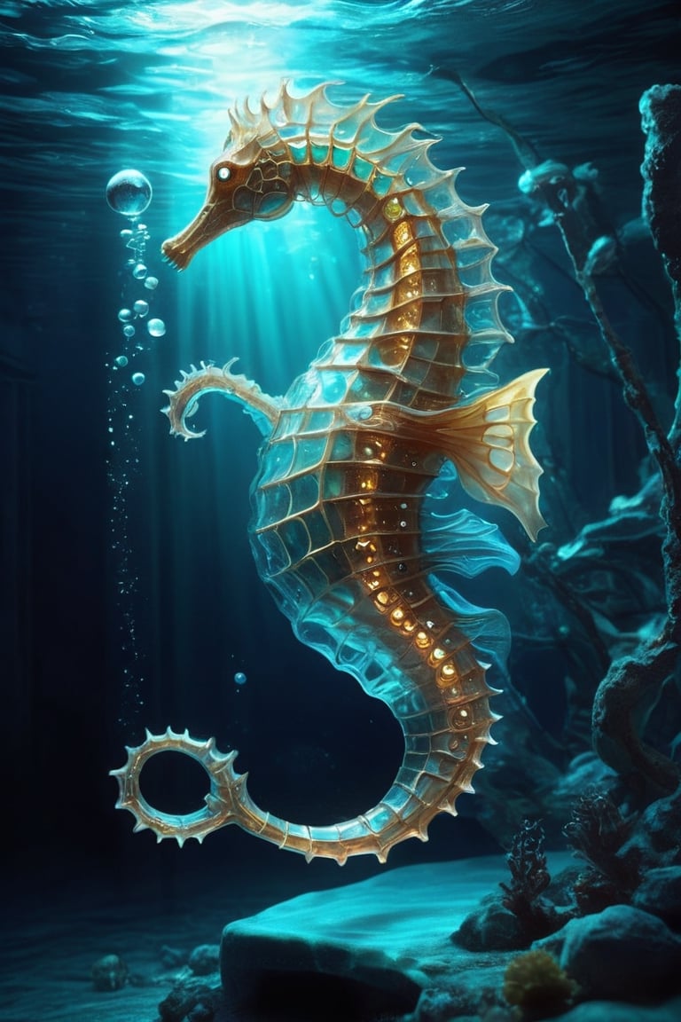 circuit board,  carved to resemble the shape of a seahorse,  with every detail meticulously crafted to capture the delicat...