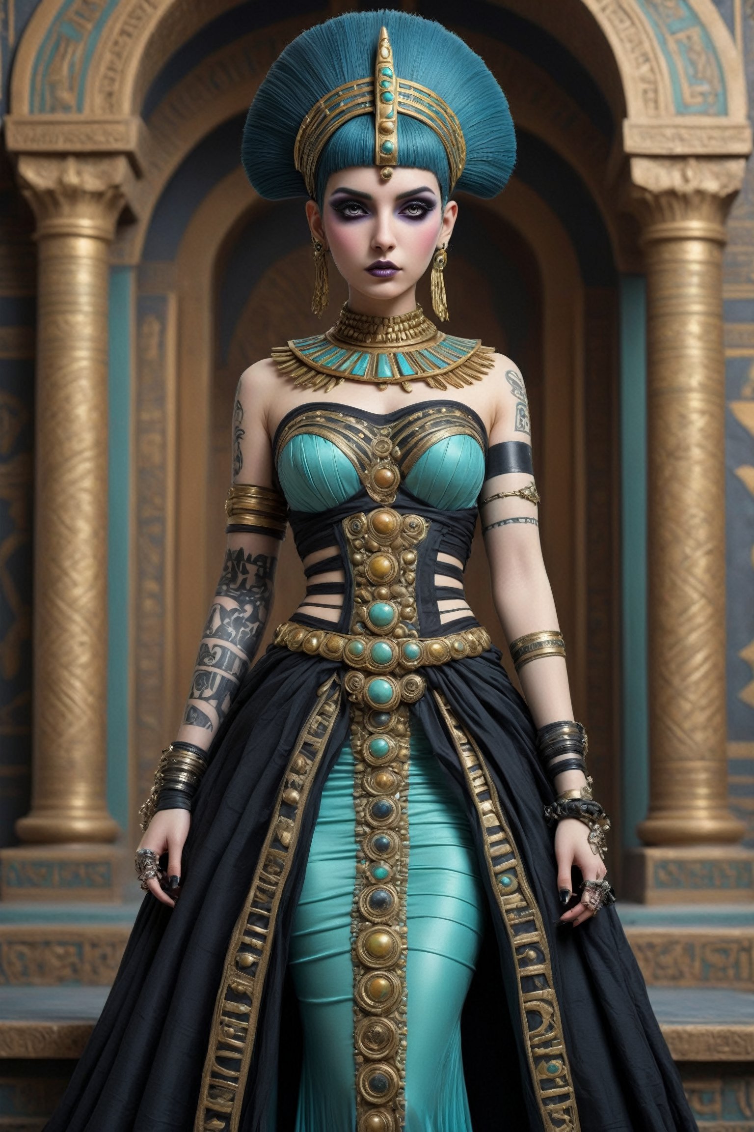 Cleopatra, a fusion of rococo punk fashion and edgy elements of elegant ancient Egyptian gothic punk, Cleopatra wears a gown with punk-inspired details and gothic accessories.,goth person,pastel goth,dal,GaelicPatternStyle