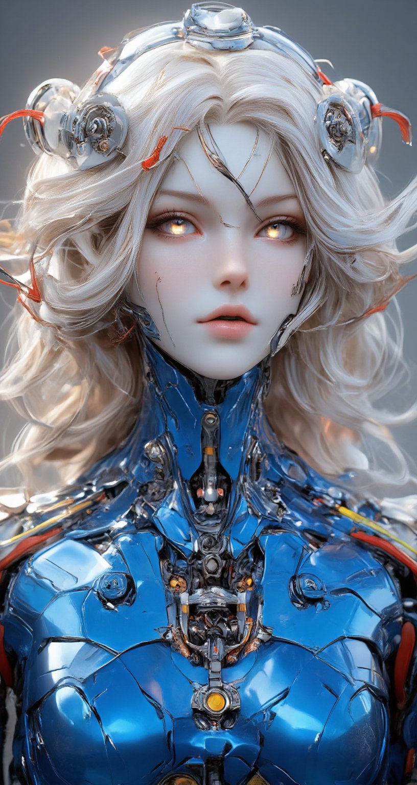 Female cyborg,full body figure,highly polished blue metallic body reflecting light like a mirror surface, Face crafted from pure white alabaster resembling a gothic porcelain doll with delicate features, Large luminous eyes with intricate mechanical iris patterns, Ornate gothic hair ornaments made of alabaster and silver filigree with small mechanical details, Long flowing synthetic hair styled in elegant victorian curls, Multiple vivid cables extending from neck area in bright red yellow and white creating a dramatic contrast against blue body, Cables have a glossy plastic finish and gentle curves like ribbon streamers,Body constructed of smooth curved panels with visible joint sections, Mirror-finish blue metal reflecting environment creating complex light patterns, Mechanical parts visible at joint areas with precise technical details, Graceful feminine proportions with elegant posture, Doll-like hands with visible mechanical articulation at fingers, Gothic-inspired design elements integrated into mechanical parts, Subtle LED lighting effects in eyes and joint areas, Expression serene and doll-like yet hints at artificial intelligence, Contrast between cold mechanical body and delicate porcelain features, Interior mechanical parts glimpsed through strategic transparent panels, Metallic surface transitions seamlessly to porcelain features at neck area,PorcelainDollPrincess,\mechako\