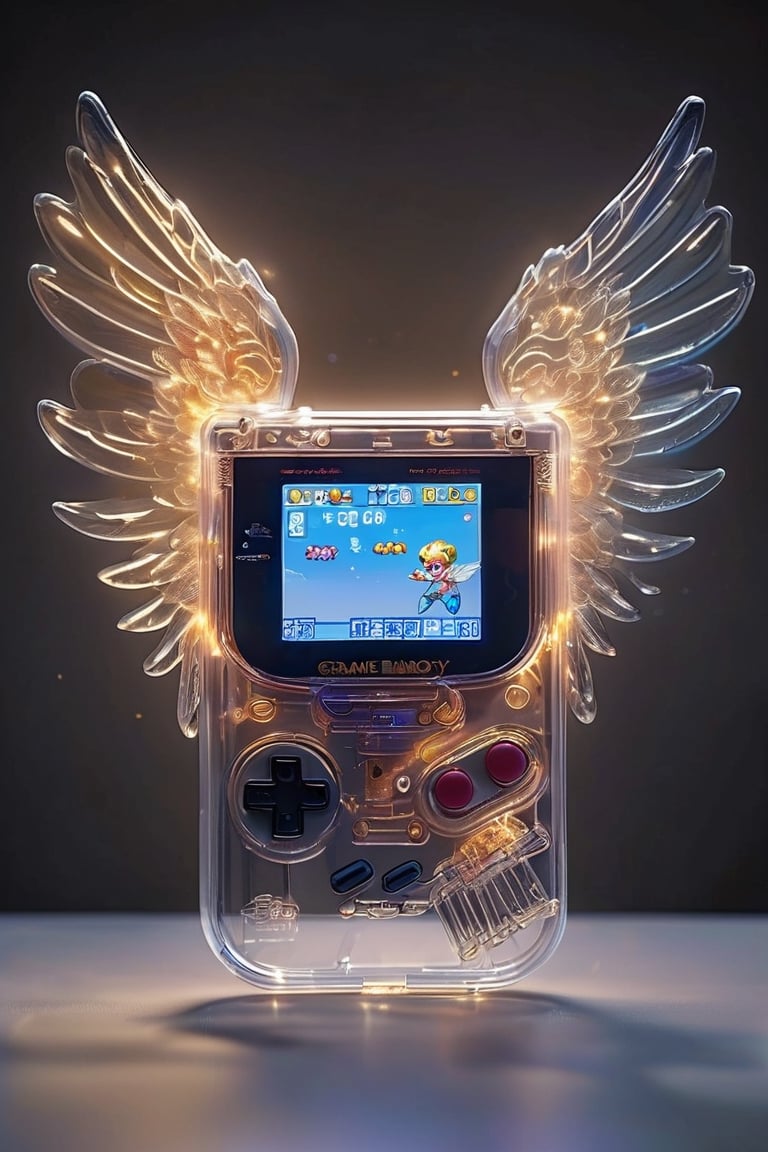 Transparent Body Game Boy, with angelic wings sprouting from its sides hovers gracefully in the air, its buttons and screen aglow with a soft celestial light. The wings, delicate yet radiant, seem to pulsate with a divine energy, lending an ethereal quality to the device.,wings