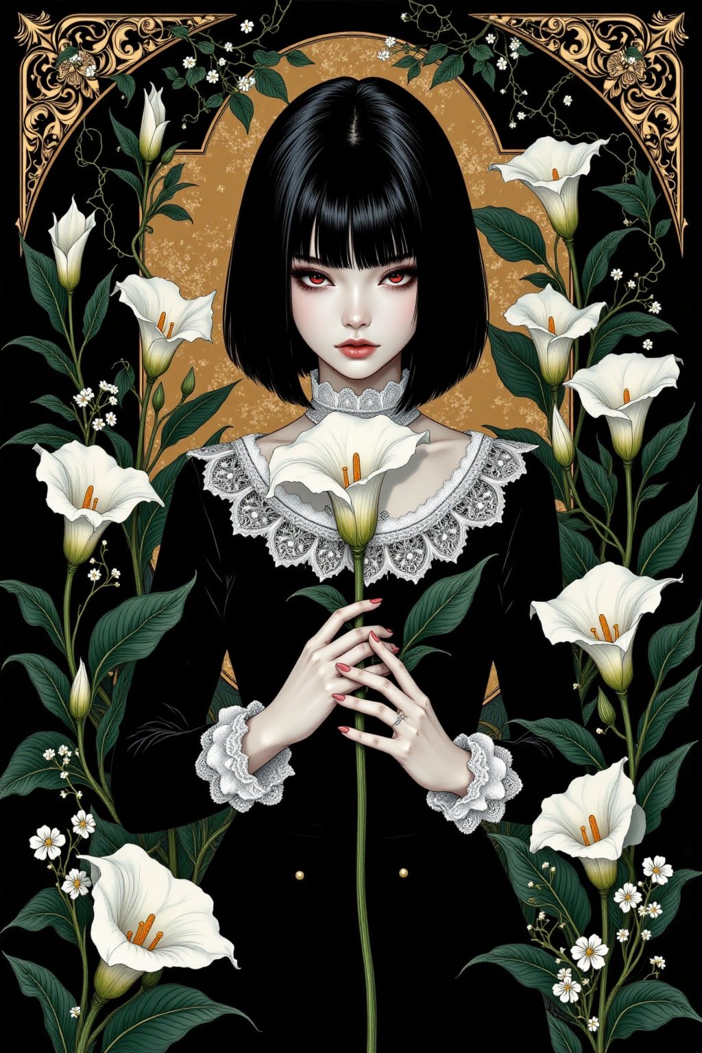 Elegant anime illustration of pale androgynous figure with straight black bob haircut and sharp bangs,  piercing red eyes...