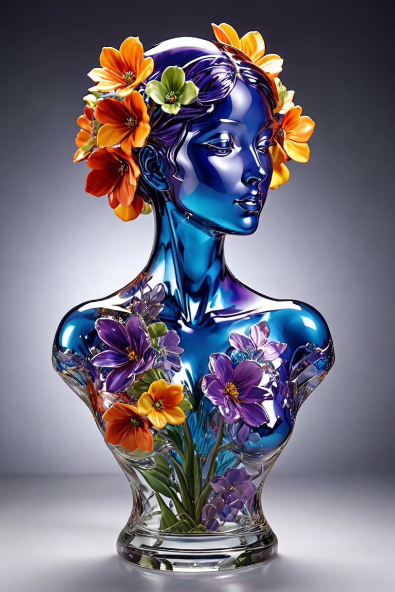 "A translucent glass bust of a woman, exquisitely crafted with smooth, flawless surfaces. The sculpture captures delicate facial features, a graceful neck, and the curve of shoulders. Inside the hollow form, a mesmerizing array of mystical flowers blooms, filling the entire interior. These ethereal blossoms radiate in seven distinct colors - vibrant red, warm orange, sunny yellow, lush green, deep blue, rich indigo, and royal purple. The flowers seem to float and gently swirl within the confines of the glass, their petals and stems creating intricate patterns. Soft, multicolored light emanates from within, causing the glass to glow and creating a prism-like effect on nearby surfaces. The contrast between the clear, solid glass and the vibrant, seemingly alive interior creates a captivating juxtaposition.,hyperrealistic,gl4sst3r,glass shiny style