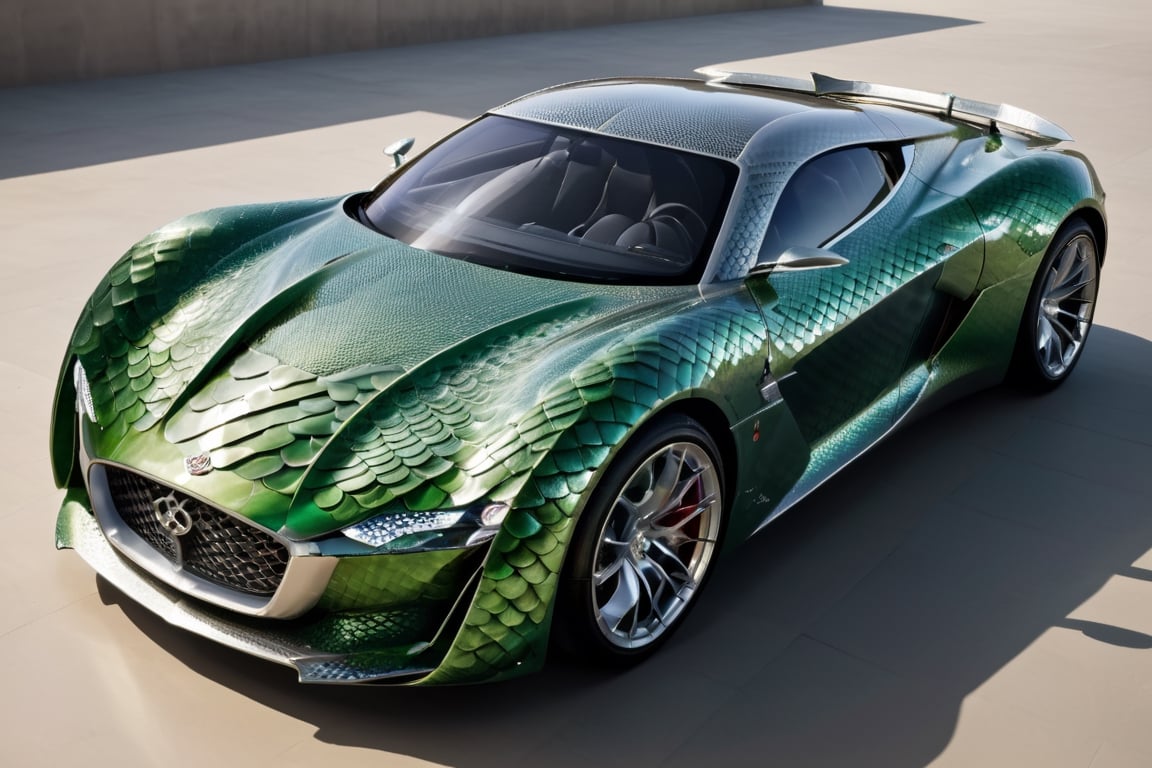  sports car crafted entirely from dragon scales showcases an exquisite blend of fantasy and automotive engineering. The sleek, aerodynamic vehicle is adorned with intricately arranged dragon scales, each scale glistening with a lustrous sheen. The scales cover the car's exterior, creating a seamless and visually captivating integration of mythical elements with modern design.,dragon armor,c_car