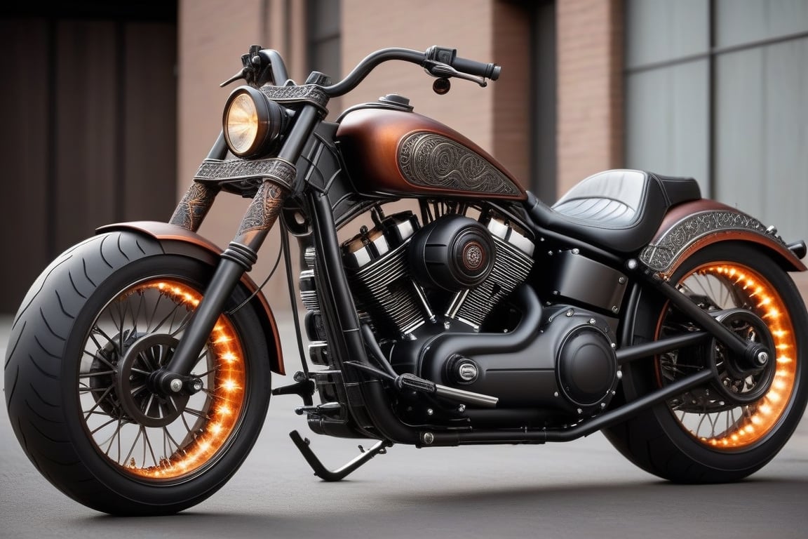 Imagine a Harley-Davidson crafted by dwarves. The robust frame, forged from enchanted metals, features rugged engravings and glowing runes. The dark leather seat is detailed with metal studs, and the wheels are reinforced with dwarven steel. Exhaust pipes resemble dragon mouths, exuding a fiery aura.,H effect,DonM1r0nF1l1ng5XL