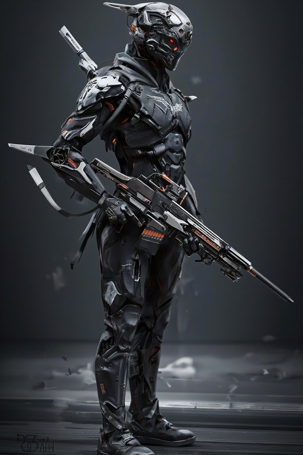 Hyper-realistic cyberpunk portrait,1man,Enemy design, advanced cyborg,sleek black military uniform with Nazi-inspired design,Rank insignia with hawk design,Holding Maschinengewehr 42,Mg42 heavy machine gun, long barrel machine gun,
black military boots,full body figure, intricate metal mask covering the entire face, cyber gas mask, red glowing eyes, dramatic lighting, highly detailed, 8k resolution, photorealistic, cinematic composition, visible cybernetic implants, futuristic technology, dark and gloomy atmosphere, sharp focus, high contrast, metallic textures, dystopian atmosphere, ultra-realistic rendering, volumetric lighting, ray tracing, depth of field,FluxPatt3rns,Capullo,ct-identityV2,mecha armour,hanxhelm,Esuthio