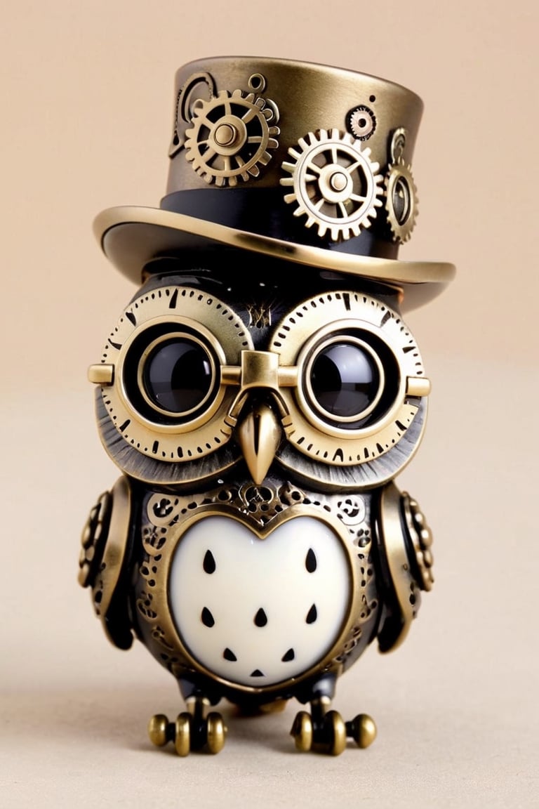 cute owl, character in a Sanrio-style design infused with elements of steampunk. With expressive eyes framed by brass goggles and adorned with clockwork gears, this adorable owl exudes whimsical charm. Its plumage features intricate mechanical details, while a miniature top hat atop its head adds a fashionable touch. Despite its steampunk embellishments, the owl retains its signature cuteness,Owl