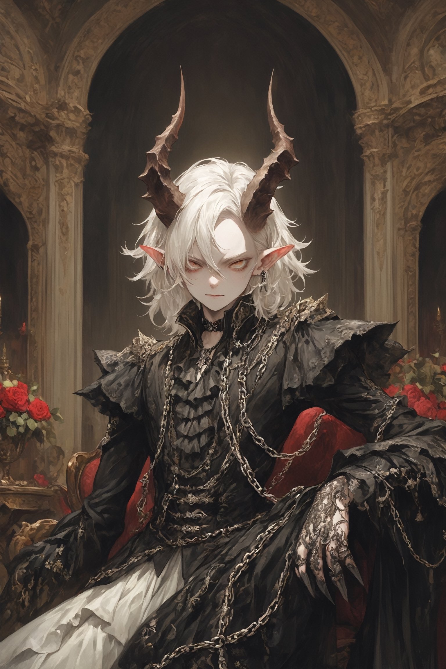 ,score_9, score_8_up, score_7_up, score_6_up,
(1man:1.5), albino demon  Prince,Male,(long intricate horns:1.2), is dressed in a captivating blend of Baroque and punk fashion styles,Roses in one's bosom,Her attire features ornate Baroque-inspired garments, and embellishments, reminiscent of royalty from the Baroque era,traditional elements are juxtaposed with edgy punk accents, such as leather straps, spikes, and chains, adding a rebellious and modern twist to her ensemble, enhancing the opulent yet rebellious aesthetic,emo,masterpiece