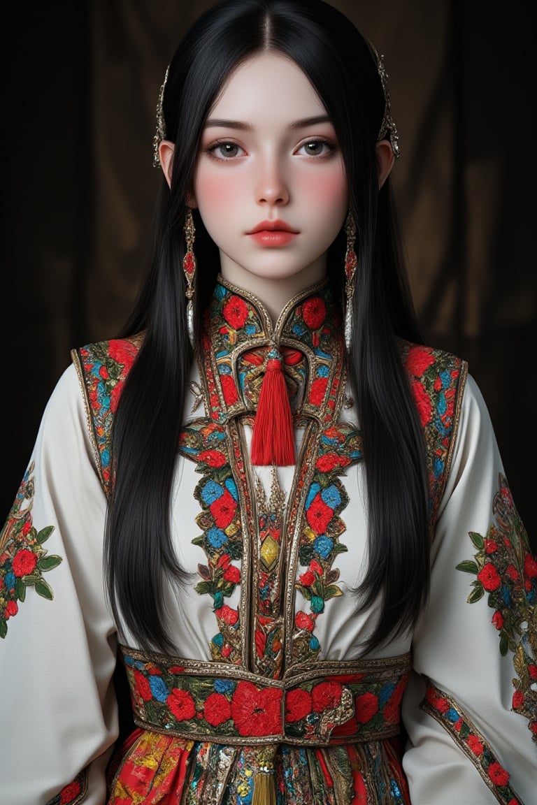 Super detailed, super realistic, beastly,beautiful Nordic girl,
 wears old folk costume, long straight black hair, Yakuts folk costume,(beautiful blue eyes), almond eyes, intricate textile decorated with colorful and intricate geometric patterns, arm ornamentation, decorative embroidery.
Beautiful crystal blue eyes, almond eyes, intricate fabrics decorated with colorful and intricate geometric patterns, clothes in earth colors such as White red and green,,aw0k euphoric style, ,perfect likeness of TaisaSDXL,dal,ct-identityV2,Adrr-tsfft