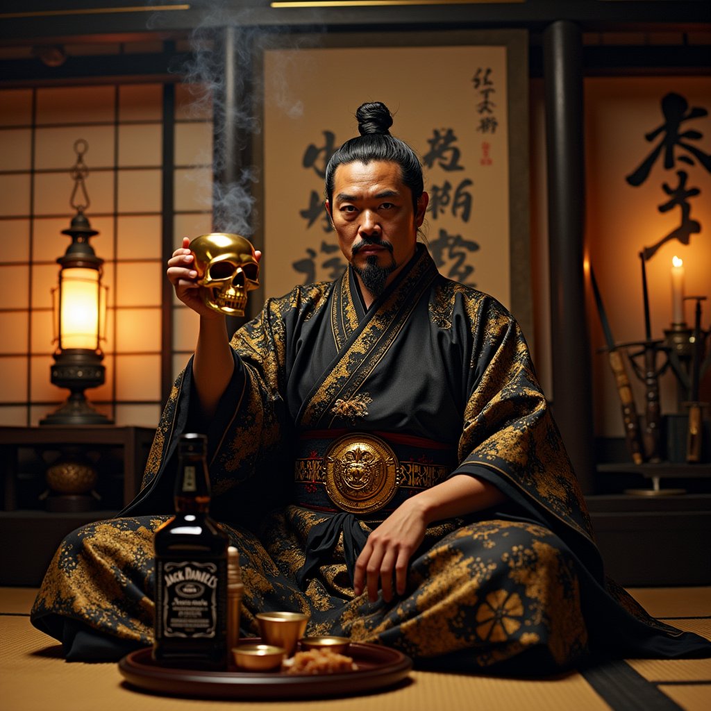 A powerful scene of Oda Nobunaga,Japanese man, seated in formal tatami room, confidently holding a golden skull sake cup while a Jack Daniel's bottle rests beside him. Nobunaga wears elaborate black and gold kimono with family crest, seated in relaxed cross-legged pose showing authority. The golden skull cup gleams ominously in candlelight, contrasting with traditional Japanese aesthetics. Jack Daniel's bottle placed on lacquered sake tray alongside traditional serving vessels. Room features classic elements: shoji screens with war camp scenes, hanging scroll with calligraphy, ceremonial armor display, katana rack. Flickering candle shadows play across Nobunaga's stern features and famous goatee. Tatami mats arranged in formal pattern, incense smoke curls through air. Retainers visible in background maintaining respectful distance. Period-accurate interior details include iron lanterns, weapon racks, and battle banners. The bottle's black label creates striking contrast against room's traditional elements while golden skull cup ties together foreign and Japanese elements. Low evening light streams through rice paper screens, creating dramatic shadows across Nobunaga's imposing figure,SAMURAI