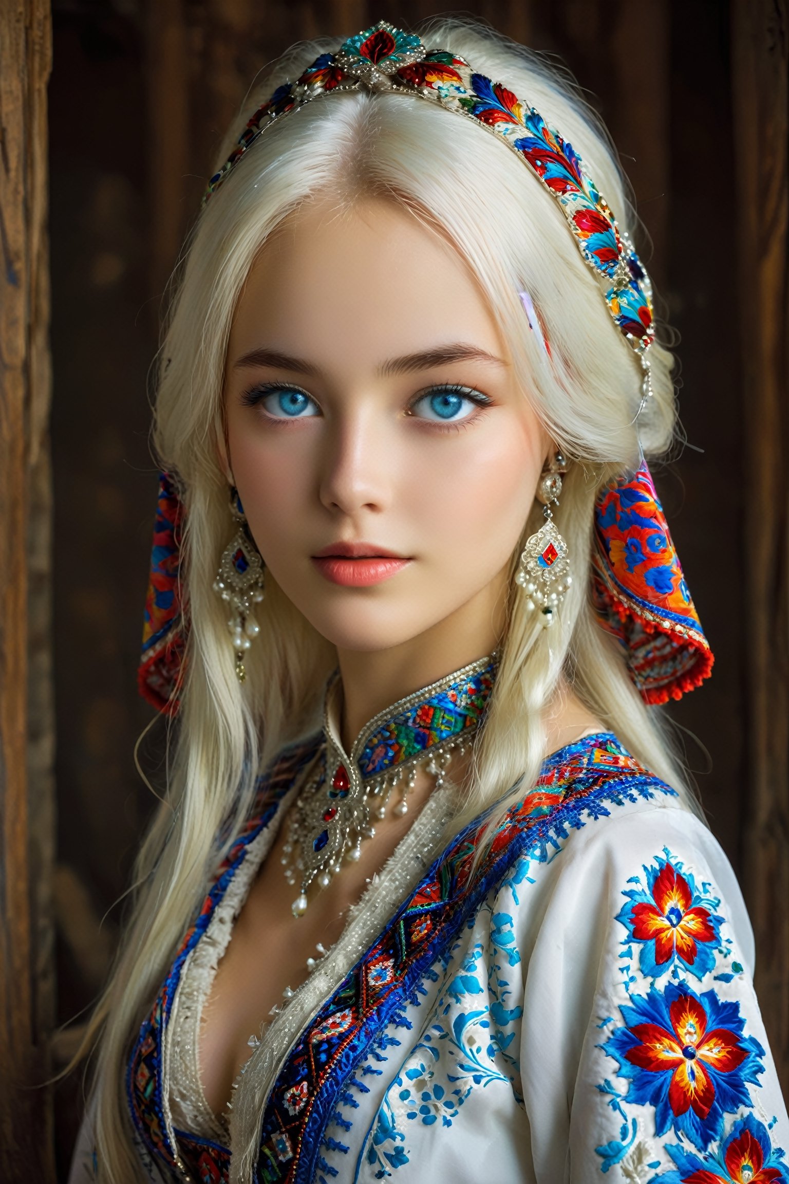 Beautiful Ukrainian girl,16 years old,A happy expression,Beautiful iris with high precision,blue eyes,Turkmenistan Chirpy,(Large breasts),(Deep cleavage),(long pure white hair),smooth hair,
Wearing traditional Turkmen wedding costumes intricately embroidered with delicate and beautiful patterns, characterized by bright colors and fine needlework, women wear headscarves and headdresses decorated with jewels and beads, adding elegance to their ensembles, earrings, necklaces, bracelets, and other accessories. accessories, red bottoms, and fur boots,Extremely Realistic,perfectbreasts