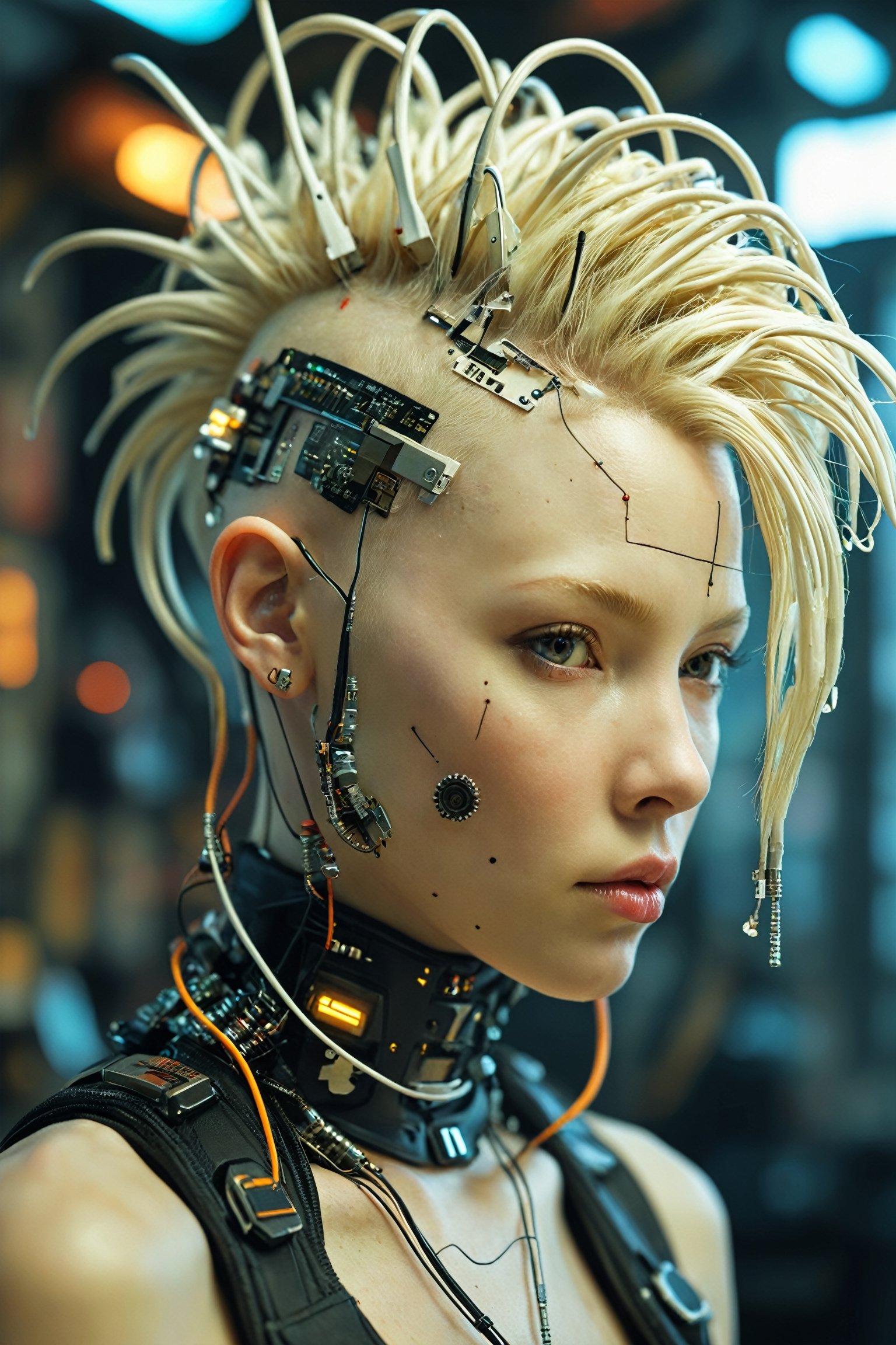 striking cyberpunk Style art,albino female Neuromancer,
plugs in her head in the shape of a Mohawk hair, many wires coming from her head,sitting at barroom, 
breathtaking, masterpiece,cyborg