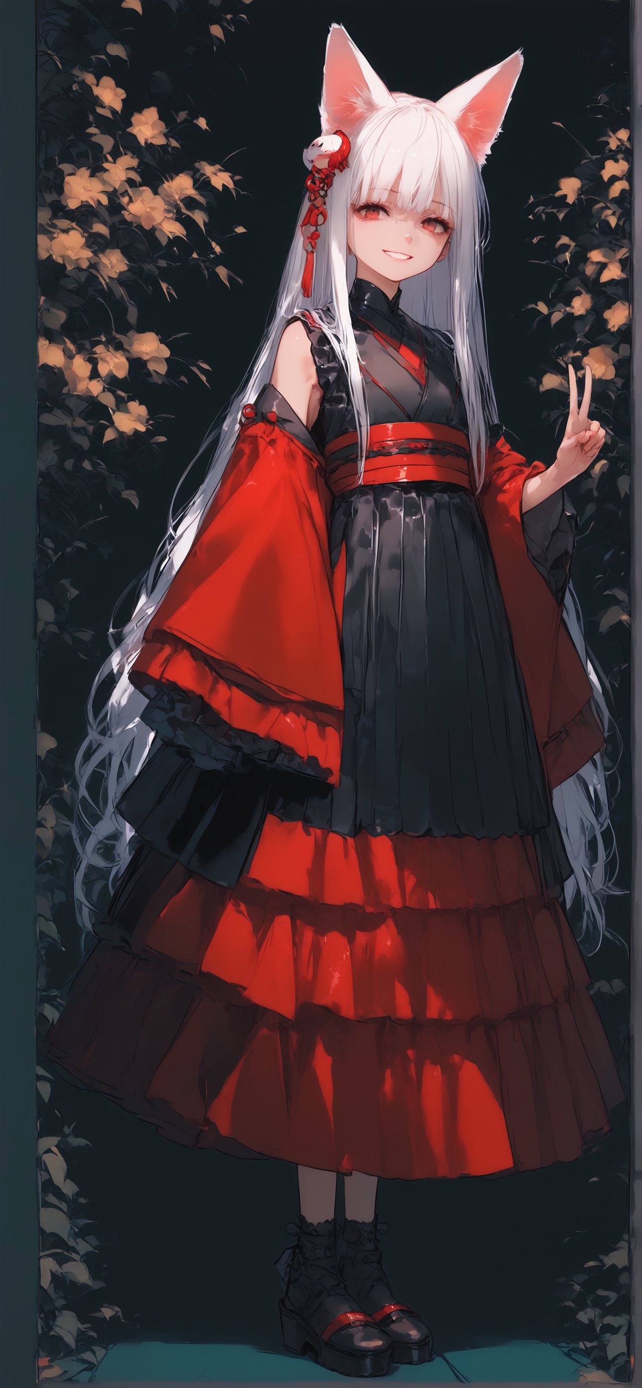 (score_9,score_8_up,score_7_up),Albino fox Girl,animal fox ears,red eyes,long pure White hair,red skirt,goth style luxury layered kimono,hair ornament,Full body,v,smile,goth girl,sagawa,garter straps,YuukiTeitoStyle,Examplelora,Details,G41xy 