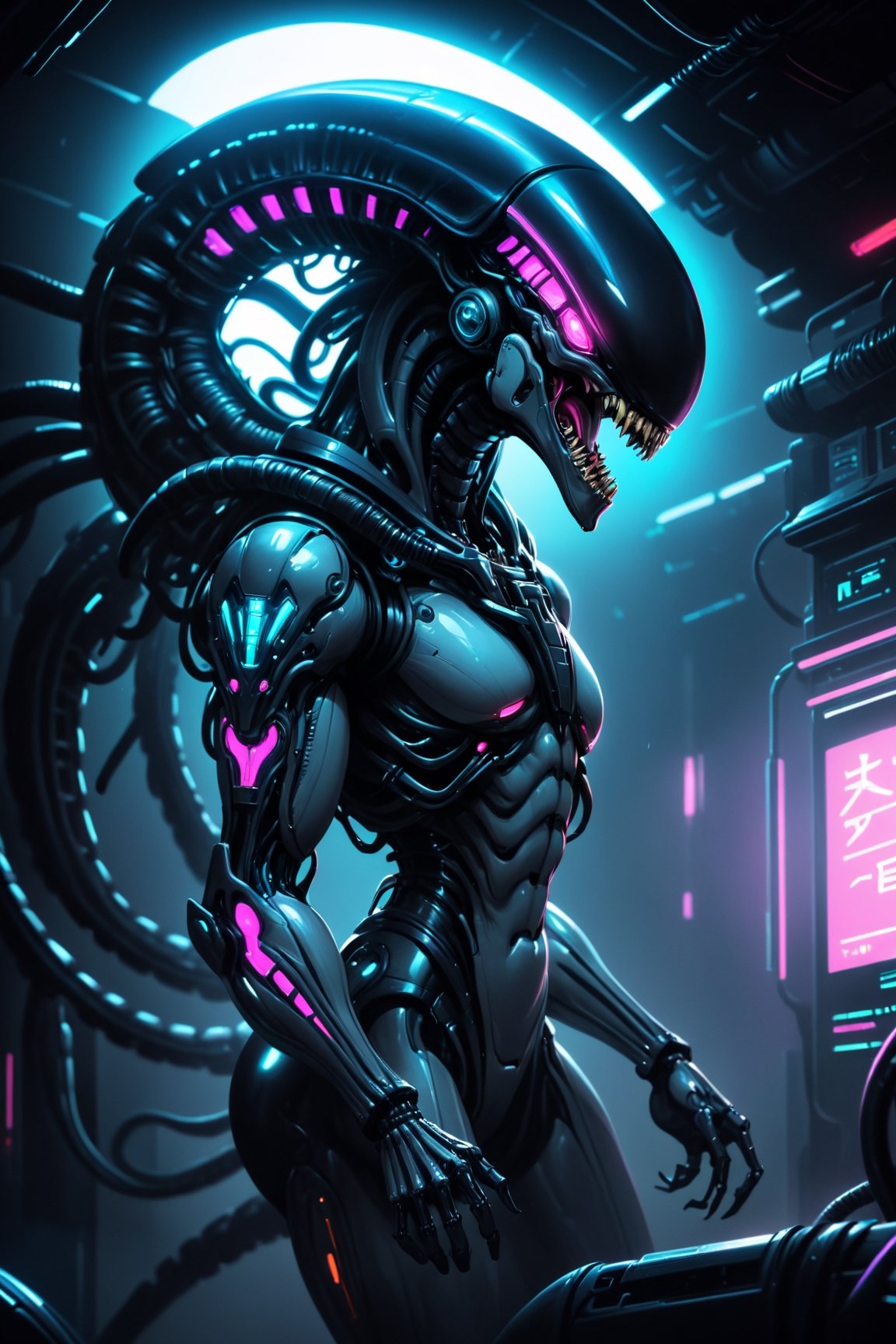 A cyberpunk-inspired Xenomorph,  The iconic extraterrestrial creature from the Alien franchise takes on a futuristic,  cyb...