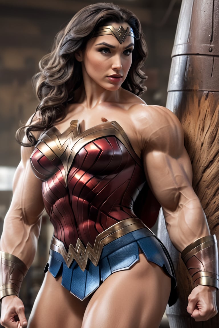 Masterpiece, beautiful details, perfect focus, uniform 8K wallpaper, high resolution, detailed texture, 1 girl, solo,Hyper-muscular Wonder Woman, impossibly buff physique. Iconic costume stretched over massive muscles ,bulging biceps, chiseled abs, tree-trunk legs,Exaggerated feminine features maintained, Drinking protein shake from oversized shaker bottle. Determined expression. Gym setting with heavy weights in background. Dynamic pose emphasizing musculature. Comic book art style with realistic textures. Blend of superhero iconography and extreme bodybuilding aesthetics. Slightly humorous undertone,wonder-woman-xl