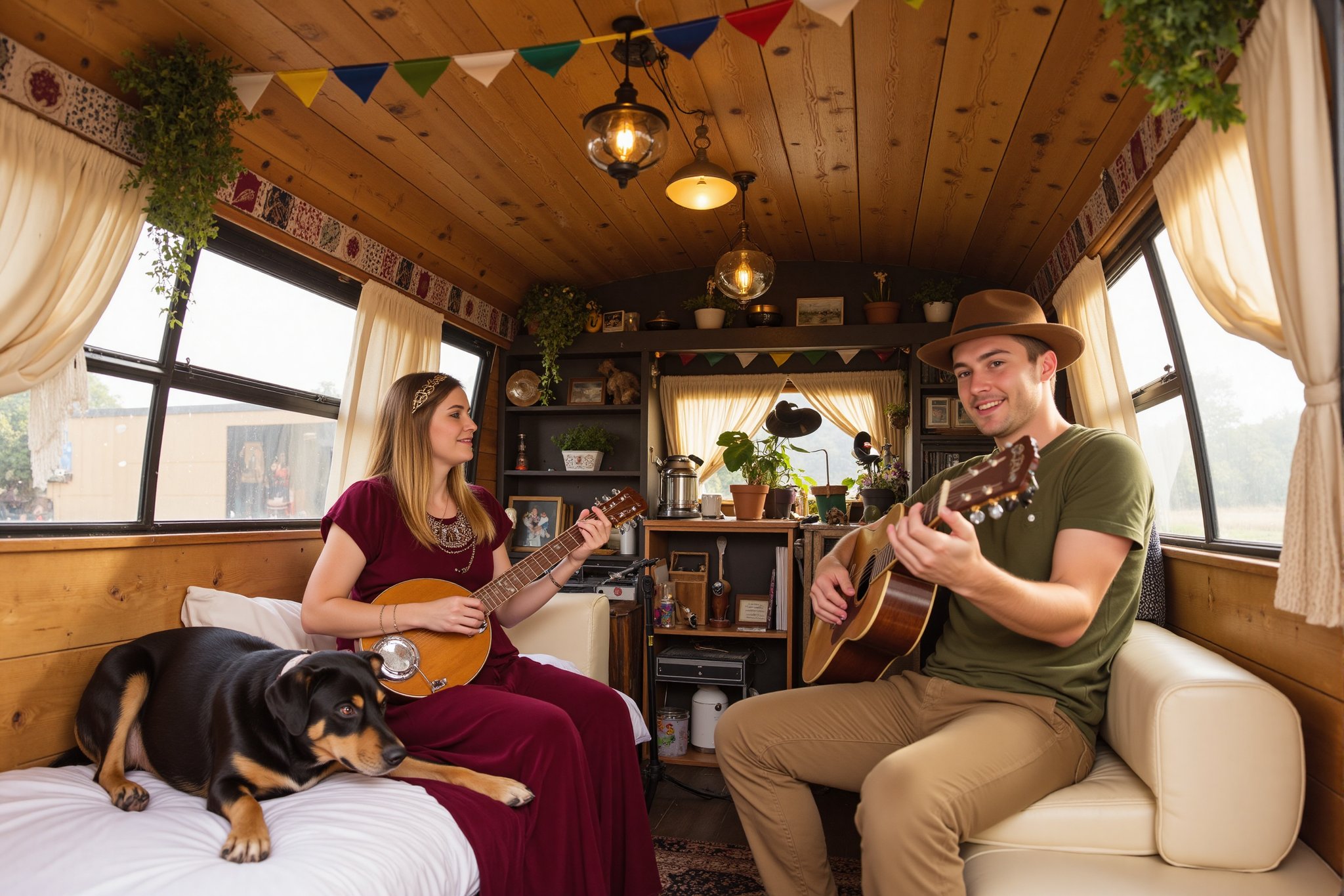 Warm intimate scene inside a decorated van conversion, Interior decorated with hanging fairy lights and colorful triangle bunting flags across ceiling, Climbing ivy and potted plants adding natural greenery to the space, Vintage-style lanterns hanging from wooden ceiling panels, Woman in flowing burgundy medieval-style dress with decorative metal disc accessories sitting comfortably on cushioned seating, Man in earth-toned clothing and brown fedora playing wooden resonator guitar, Black and tan dog relaxing on white bedding in foreground, Warm afternoon light filtering through large windows creating soft natural lighting, Interior features wooden paneling and cream-colored upholstery, Cozy bohemian decorations including tasseled curtains and vintage frames, Musical equipment and microphone stand set up for recording, Small personal items and instruments scattered around showing lived-in feel, Warm color palette dominated by browns beiges and burgundy tones, String lights creating ambient glow throughout the space, Vintage music equipment and records visible in background storage, Overall atmosphere suggests traveling musicians' mobile home with artistic bohemian aesthetic, Mix of vintage and handcrafted elements in decoration, Scene captures intimate home-concert environment in converted van,Polaroidx