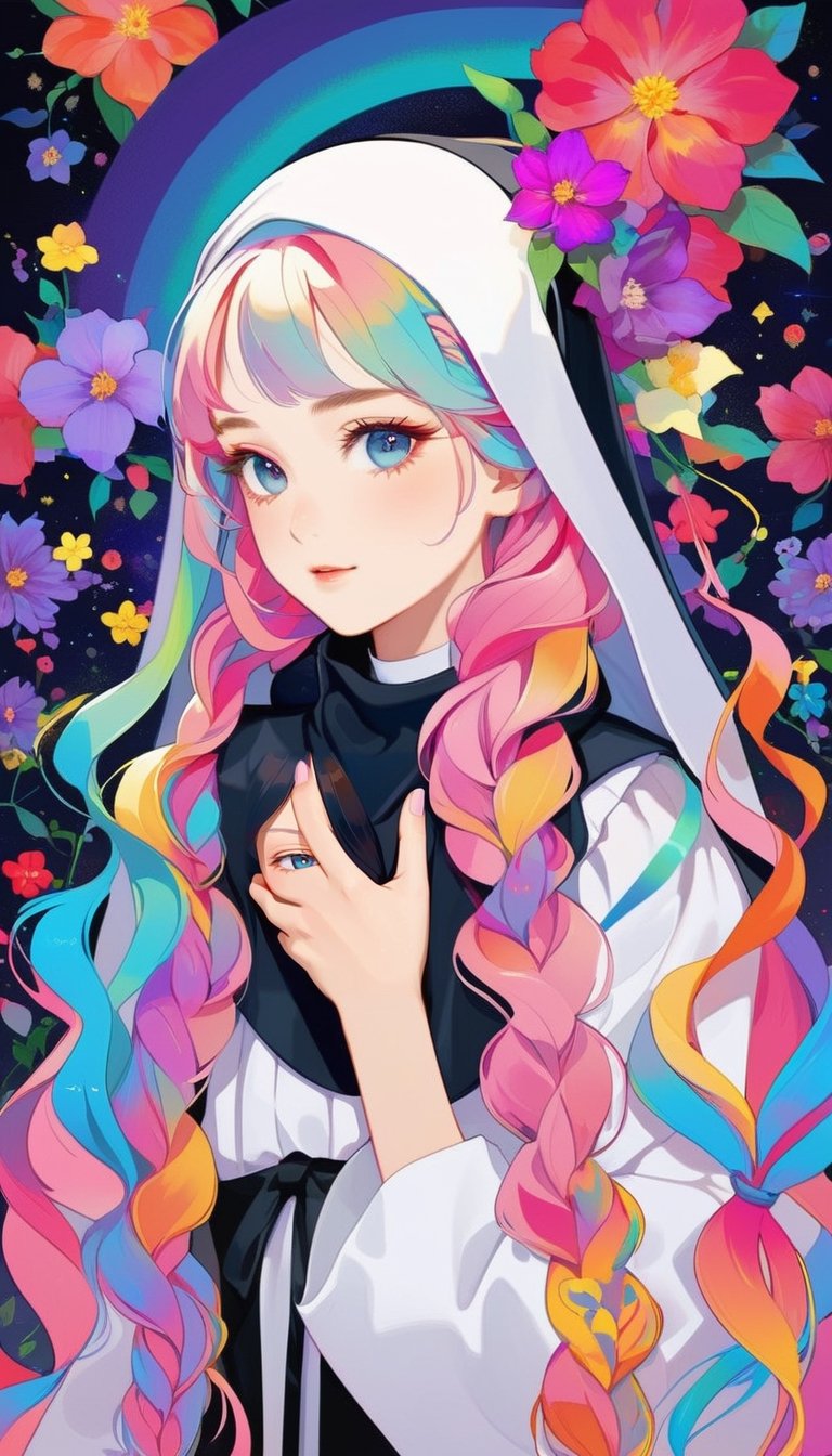 1girl,Beautiful nordic girl, a nun adorned in a colorful and stunning floral-patterned habit,(pink wimple),
colorful scapulae,Cross,
Very long braided hair,colorful braided hair,radiating vibrancy and life.,Her attire exudes warmth and kindness, spreading serenity like a blooming garden. With elegant grace, ,mizuki shiranui,aesthetic portrait,ktrmkp,Rainbow haired girl 