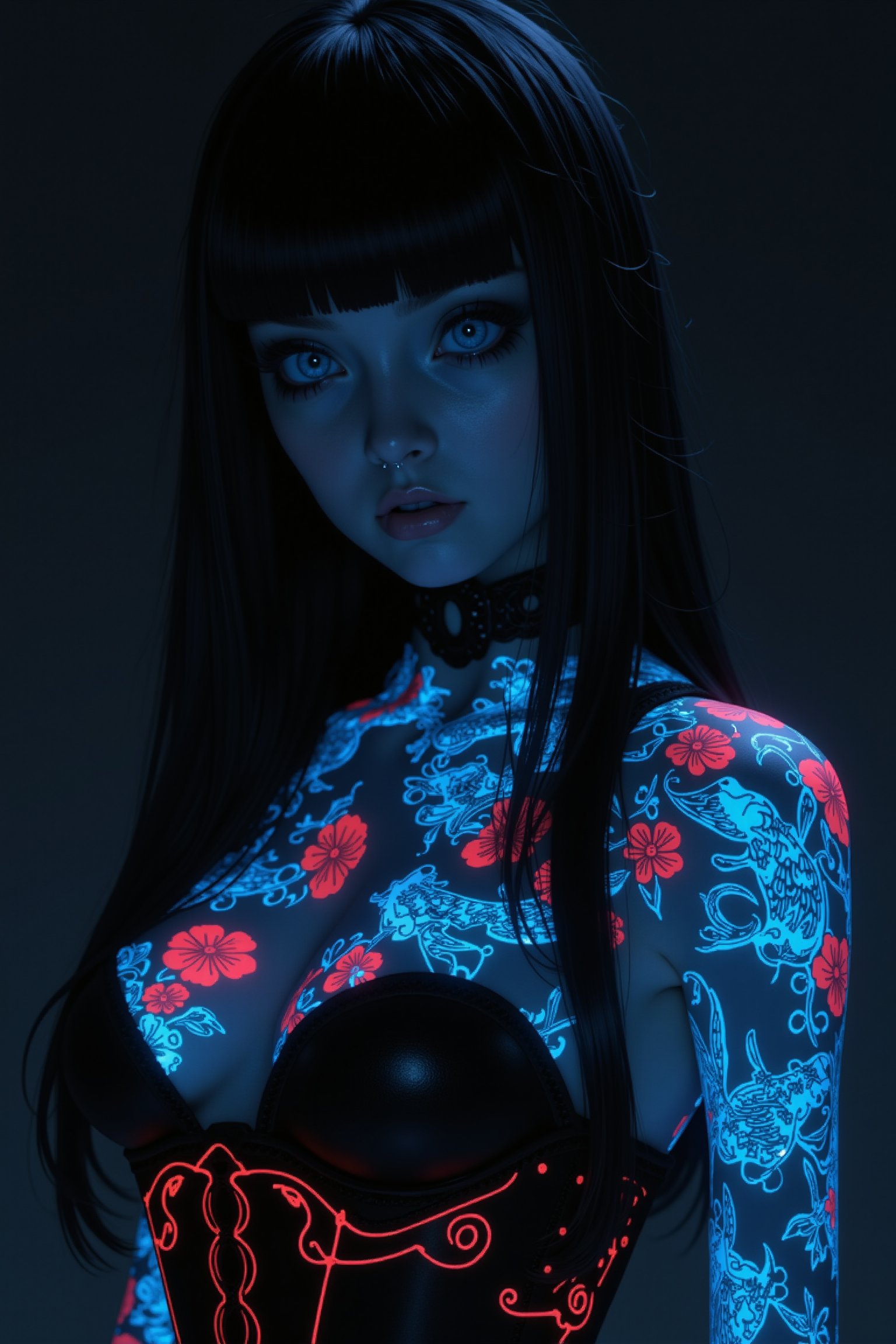 1 girl, gothic emo girl, long black hair and piercing blue eyes, sickly white skin, nose piercing, she wears a black lace corset, luminous body tattoos, Japanese tattoos, red cherry blossoms on her skin and blue koi fish intertwine across her body covered in glowing cyber tattoos with Japanese motifs, the dark background highlighting the brightly glowing tattoos of neon blue and red backlighting, highly detailed,ct-identity,tron legacy style,glowingstyle