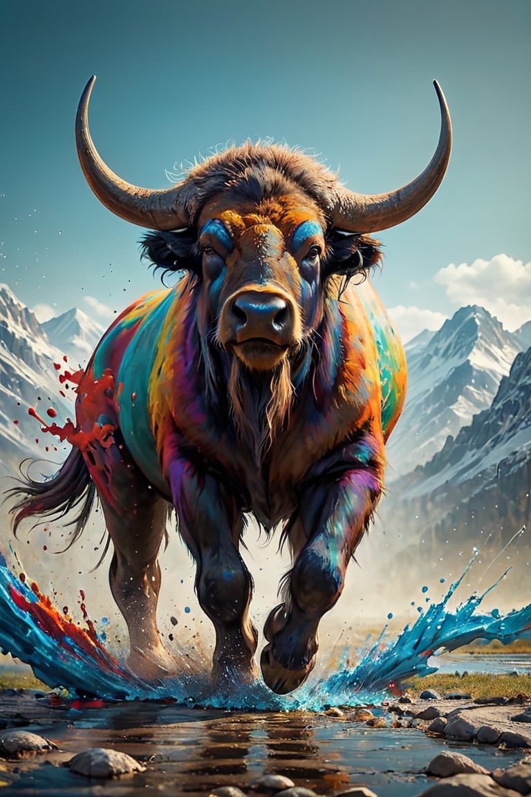 A majestic American bison, vibrant urban canvas inspired by street art. With muscular forelimbs, imagine a creature depicting the American buffalo in a dynamic and lively pose, creating the following impression: Optimize attractive compositions and create attractive, urban artwork. painted world, colorful splash, amazing quality, art station, ink, color splash, it exudes a sense of strength and resilience, embodying the untamed spirit of the wild.,ink,Animal Verse Ultrarealistic ,DonMD1g174l4sc3nc10nXL 